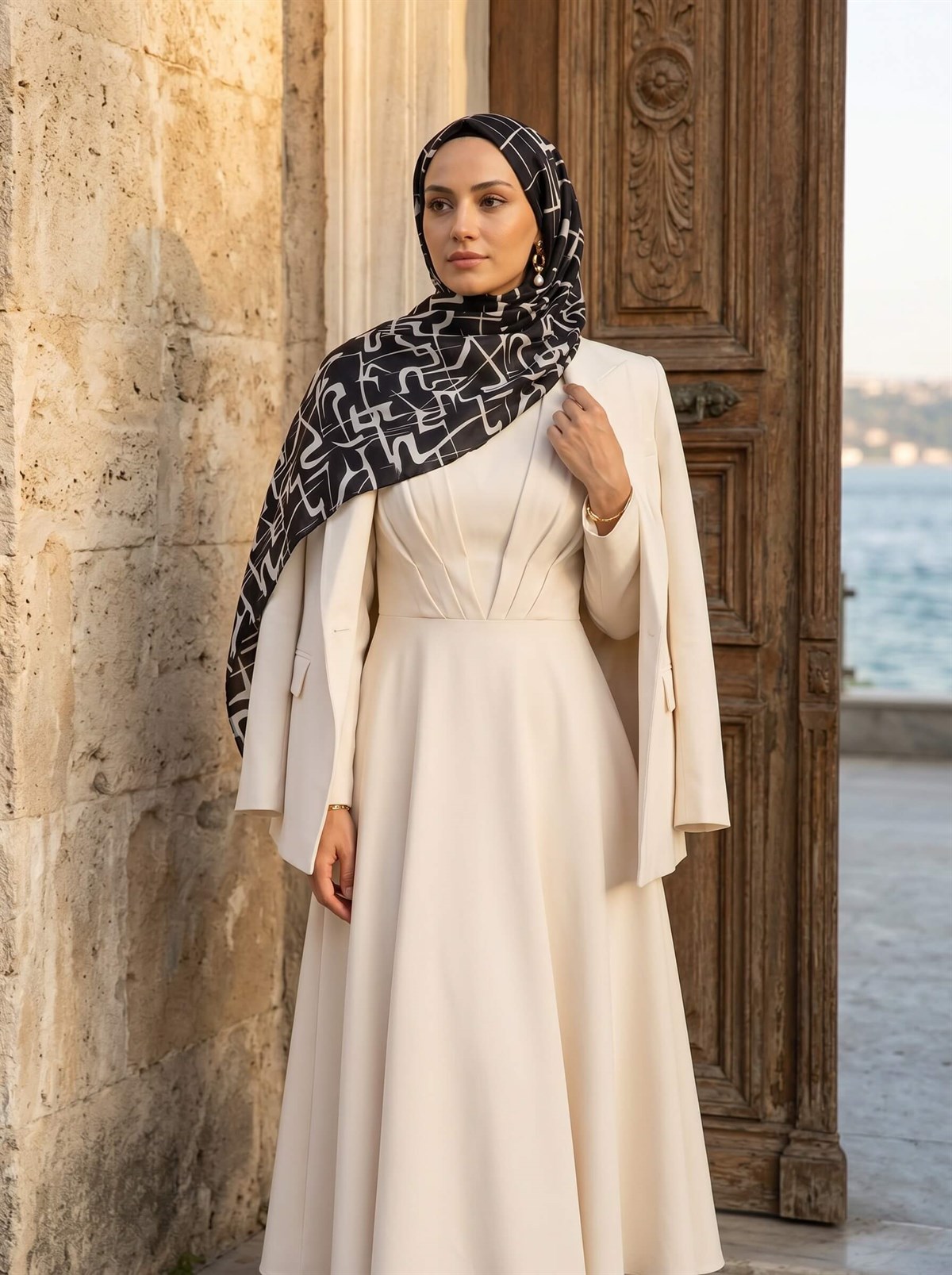 %100 Saf İpek Şal İnce Saten Vual Dokuma Çizgili Desenli Siyah Renkli 90x210 Şal