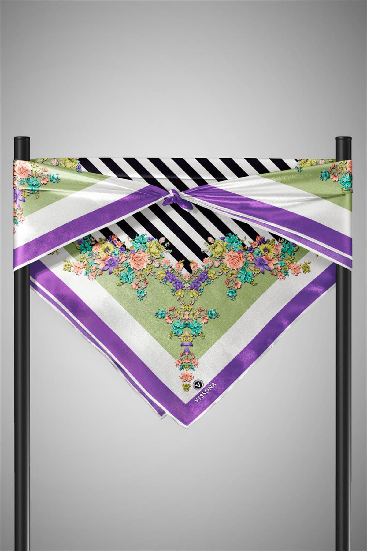 %100 Twill İpek Çıtır Çiçekli Ve Çizgi Desenli Mor - Haki Renkli 90x90 Eşarp Dikim Şekli : El Dikişi