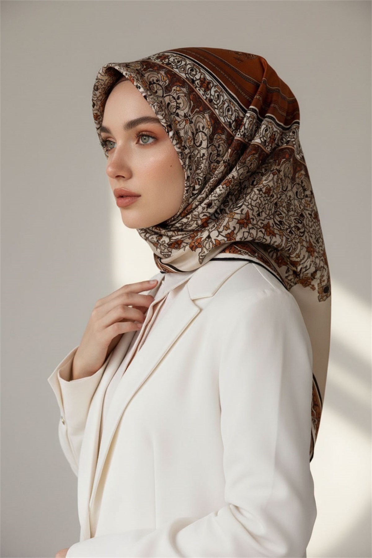 %100 Twill İpek Şal Desenli Taba Renkli 90x90 Eşarp Dikim Şekli : El Dikişi