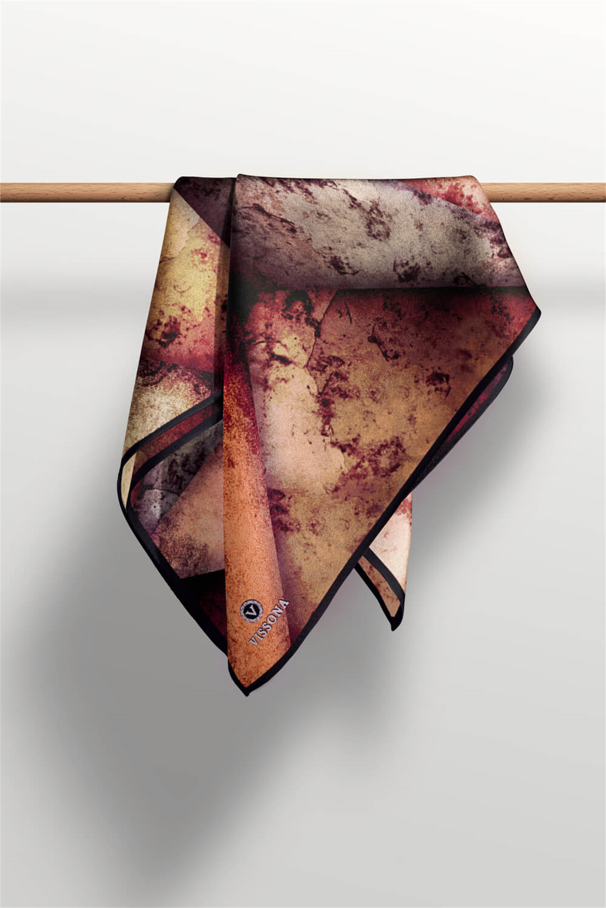 % 57 İPEK % 43 VİSKON Twill İpek Dokulu Ve Geometrik Desenli Taba - Hardal Renkli 90x90 Eşarp Dikim Şekli : El Dikişi