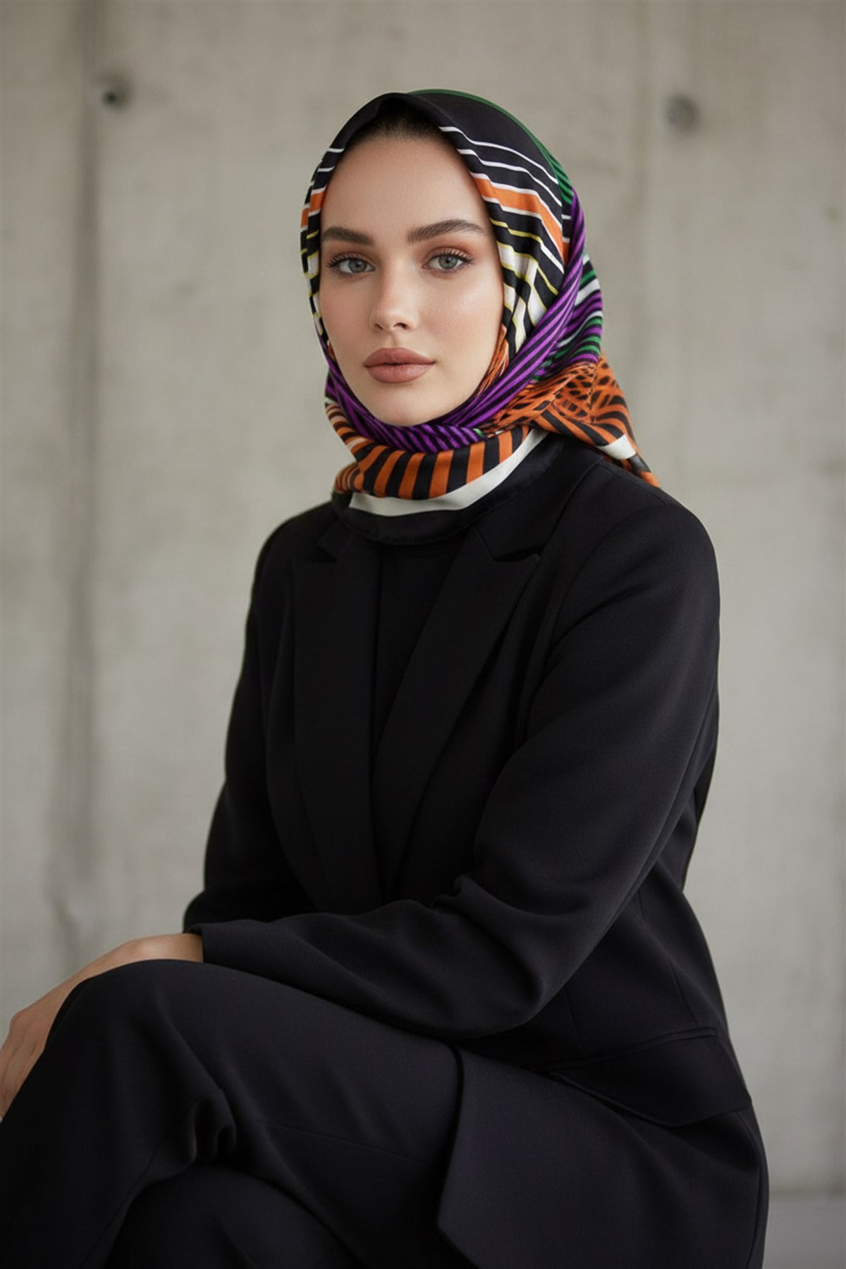 %100 Twill İpek Çizgili Desenli Turuncu - Fuşya Renkli 90x90 Eşarp Dikim Şekli : El Dikişi