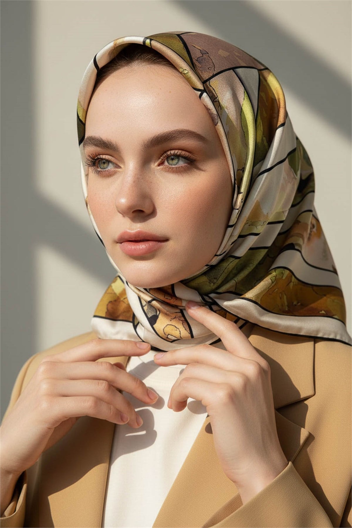 %100 Twill İpek Bahar Çiçekleri Desenli Haki Yeşil - Vizon Renkli 90x90 Eşarp Kenar Dikiş Şekli El Dikişli