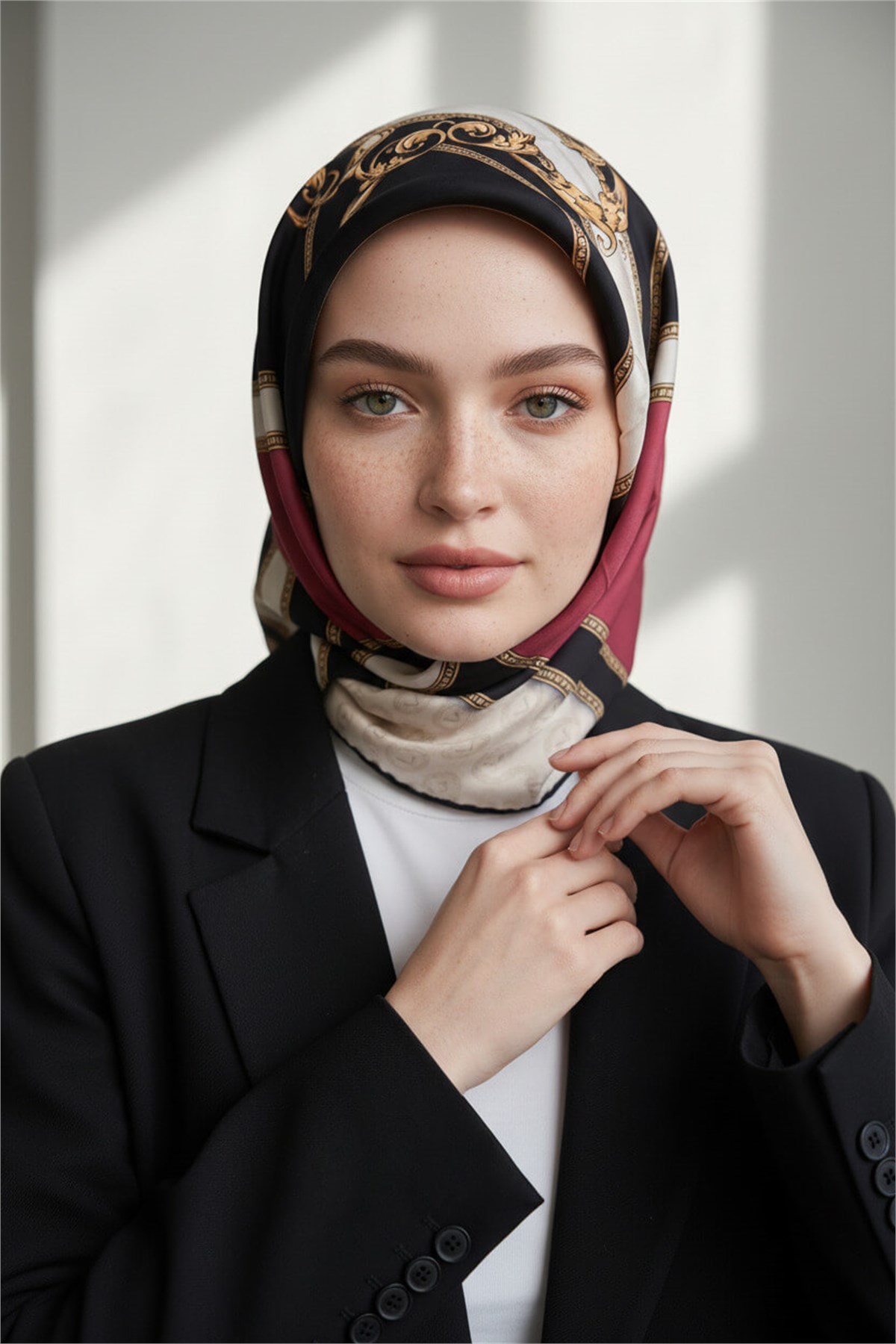 %100 Twill İpek Monogram ve Barok Desenli Bordo - Krem Renkli 90x90 Eşarp Dikim Şekli : El Dikişi