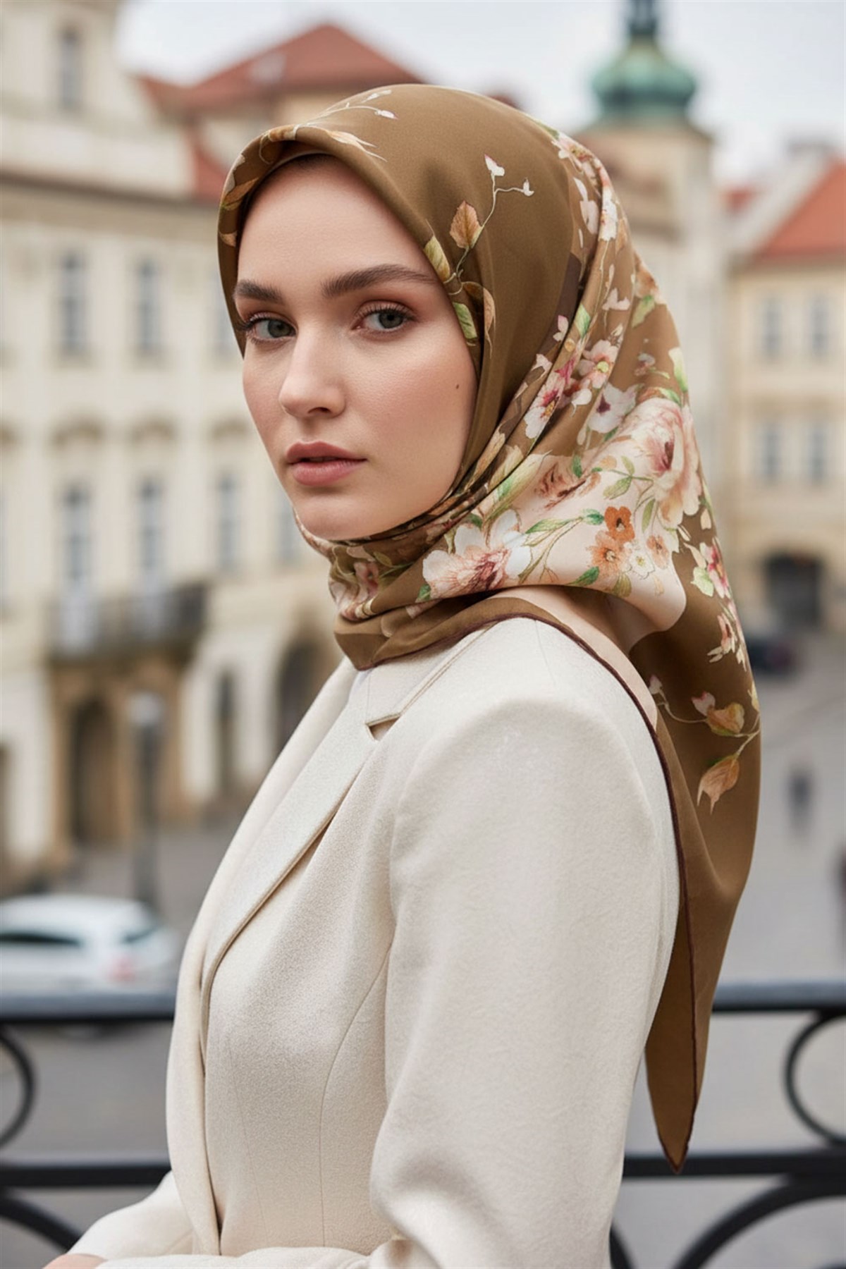 %100 Twill İpek Geometrik Ve Çiçek Desenli Kahverengi Renkli 90x90 Eşarp Dikim Şekli : El Dikişi