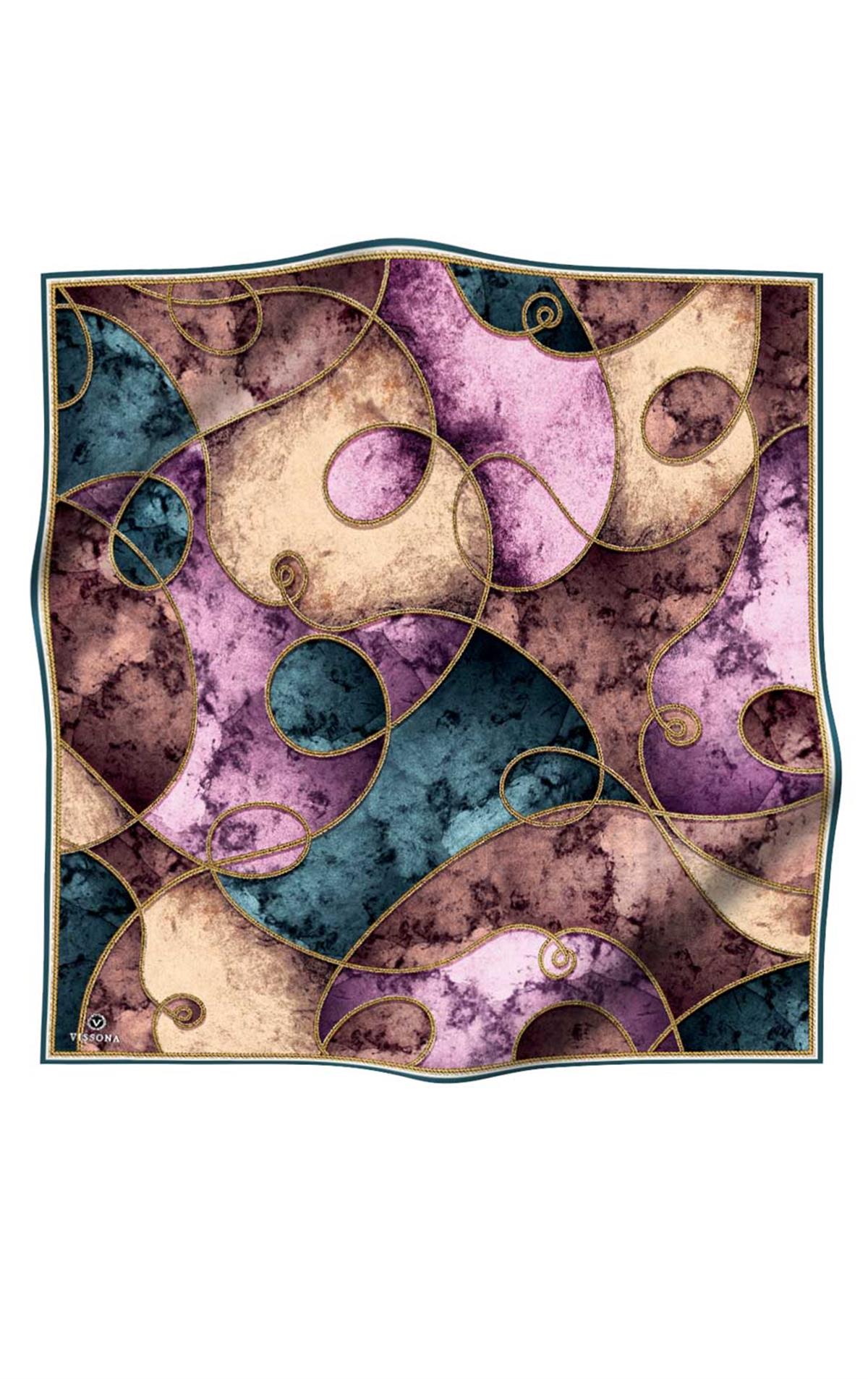 %100 Twill İpek Zincirli Mermer Desenli Petrol Yeşili - Lila Renkli 90x90 Eşarp Dikim Şekli : El Dikişi