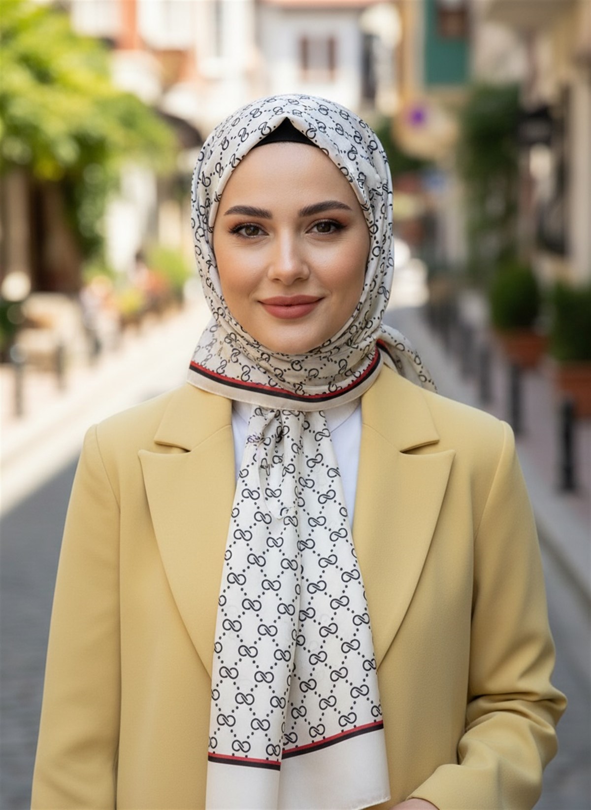 %100 İpek Minik Motif Desenli Krem Renkli 92x210 Şal