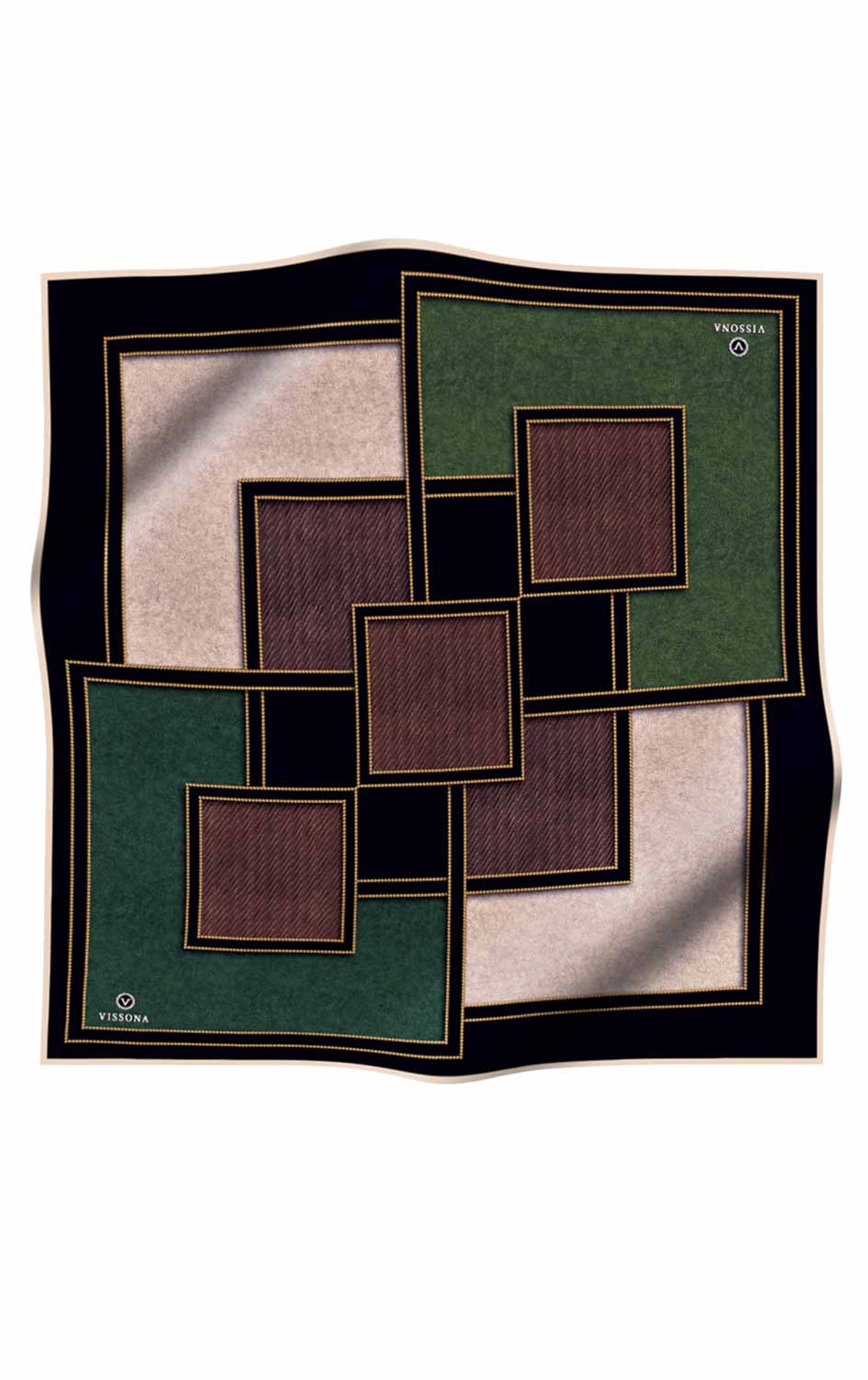 100% Twill İpek Gold Detaylı Kare Desenli Siyah - Zümrüt Yeşili Renkli 90x90 Dikim Şekli : El Dikişi