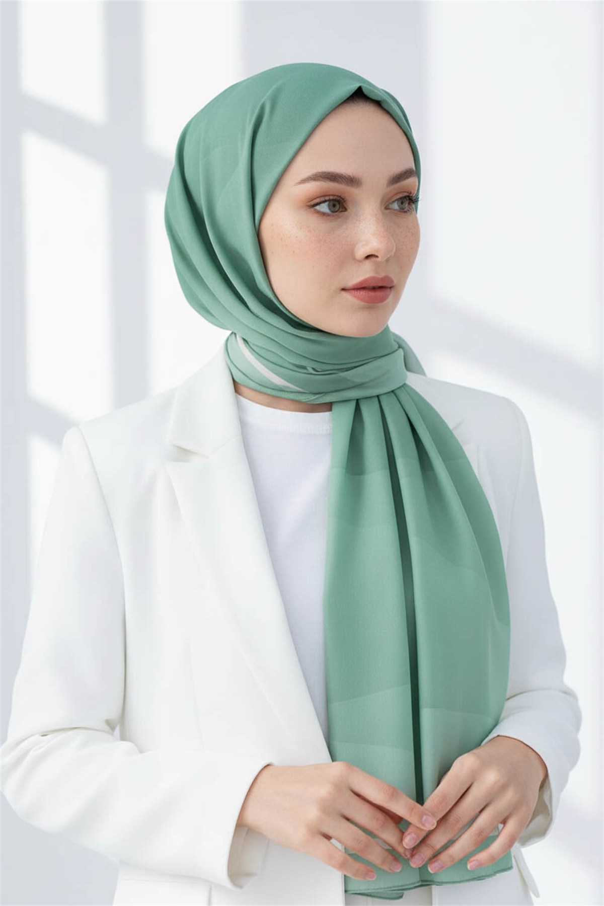 KREP GEOMETRİ DESENLİ MİNT YEŞİLİ RENKLİ 75X195 KIRIŞMAZ ŞAL