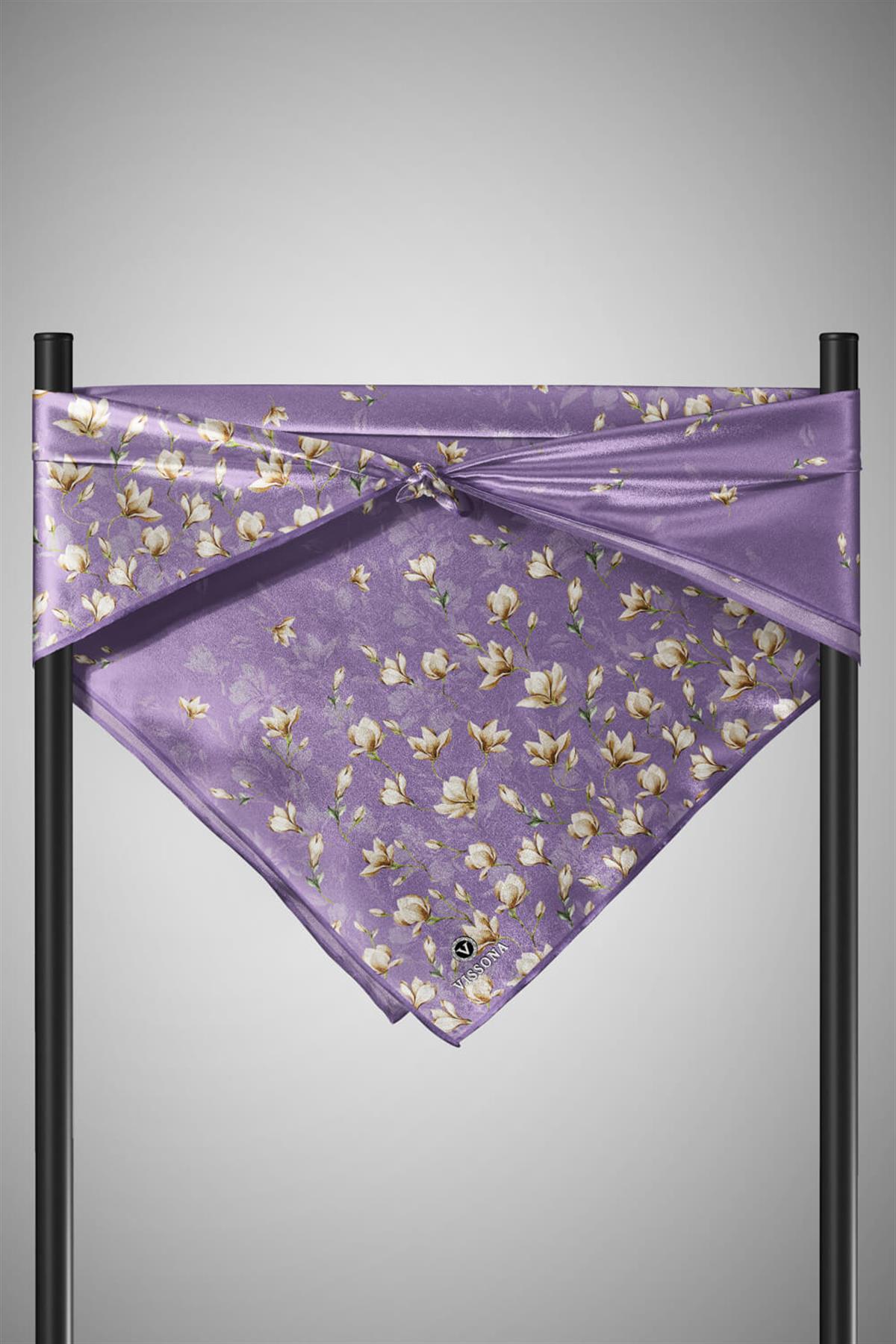 %100 Twill İpek Çiçek Desenli Lila Renkli 90x90 Eşarp Dikim Şekli : El Dikişi
