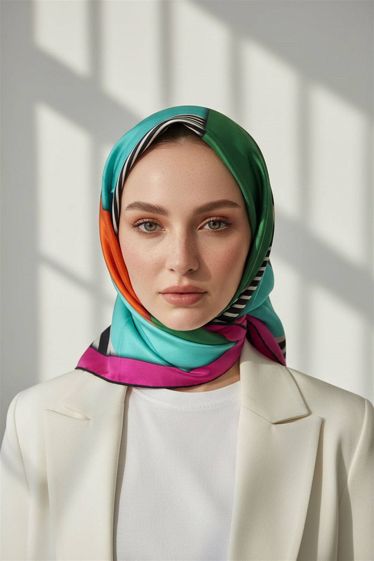 %100 Twill İpek Çizgili ve Geometrik Desenli Zümrüt Yeşili - Fuşya Renkli 90x90 Eşarp Dikim Şekli : El Dikişi