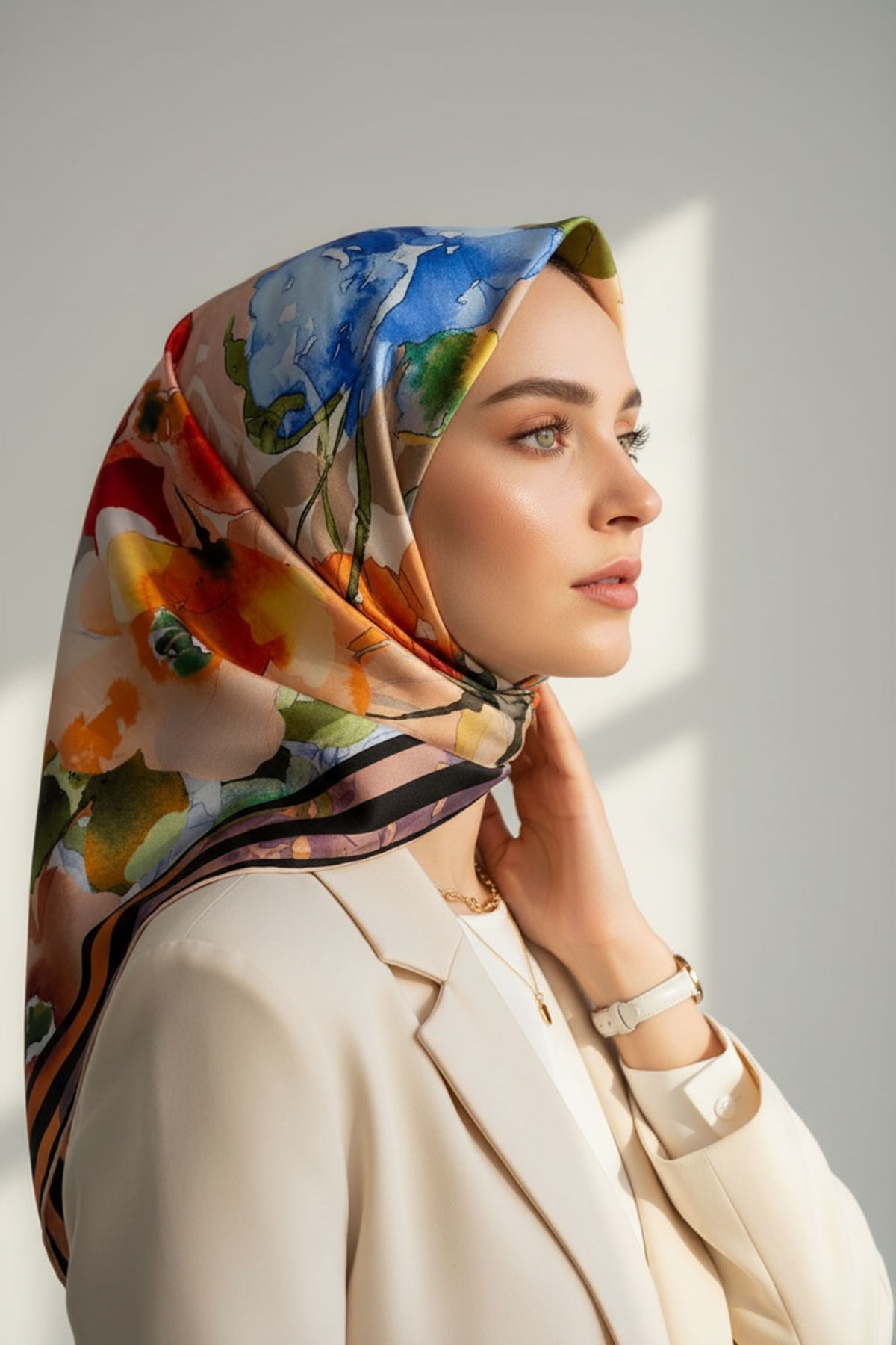 %100 Twill İpek Sulu Boyalı Çiçek Desenli Somon - Kırmızı Renkli 90x90 Eşarp Dikim Şekli : El Dikişi