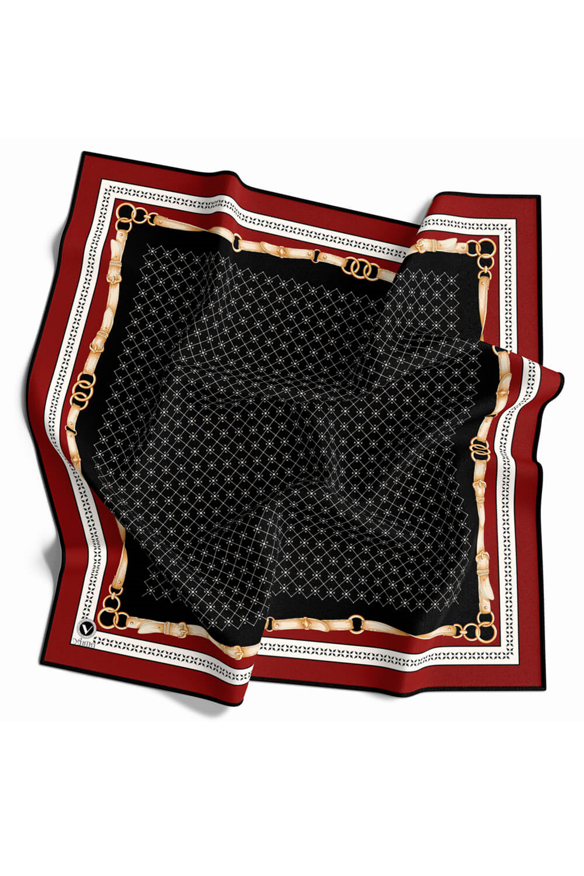 Twill Kemerli ve Çıtır Motifli Desenli Bordo Renkli 90x90 Eşarp (İpek İçermez) Dikim Şekli : El Dikişi