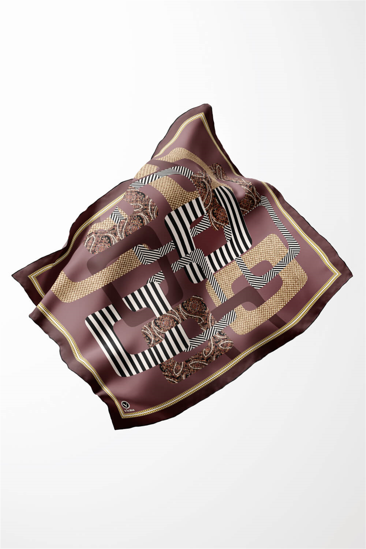 Twill Geometrik Desenli Gül Kurusu Renkli 90x90 Eşarp (İpek İçermez) Kenar Dikiş Şekli El Dikişli
