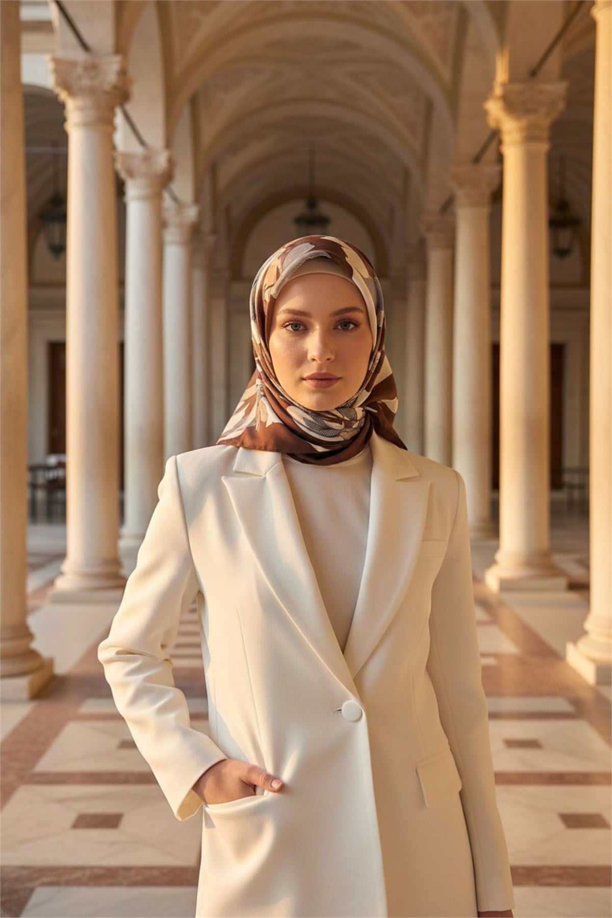 %100 Twill İpek Çiçek Desenli Kahverengi Renkli 90x90 Eşarp Dikim Şekli : El Dikişi
