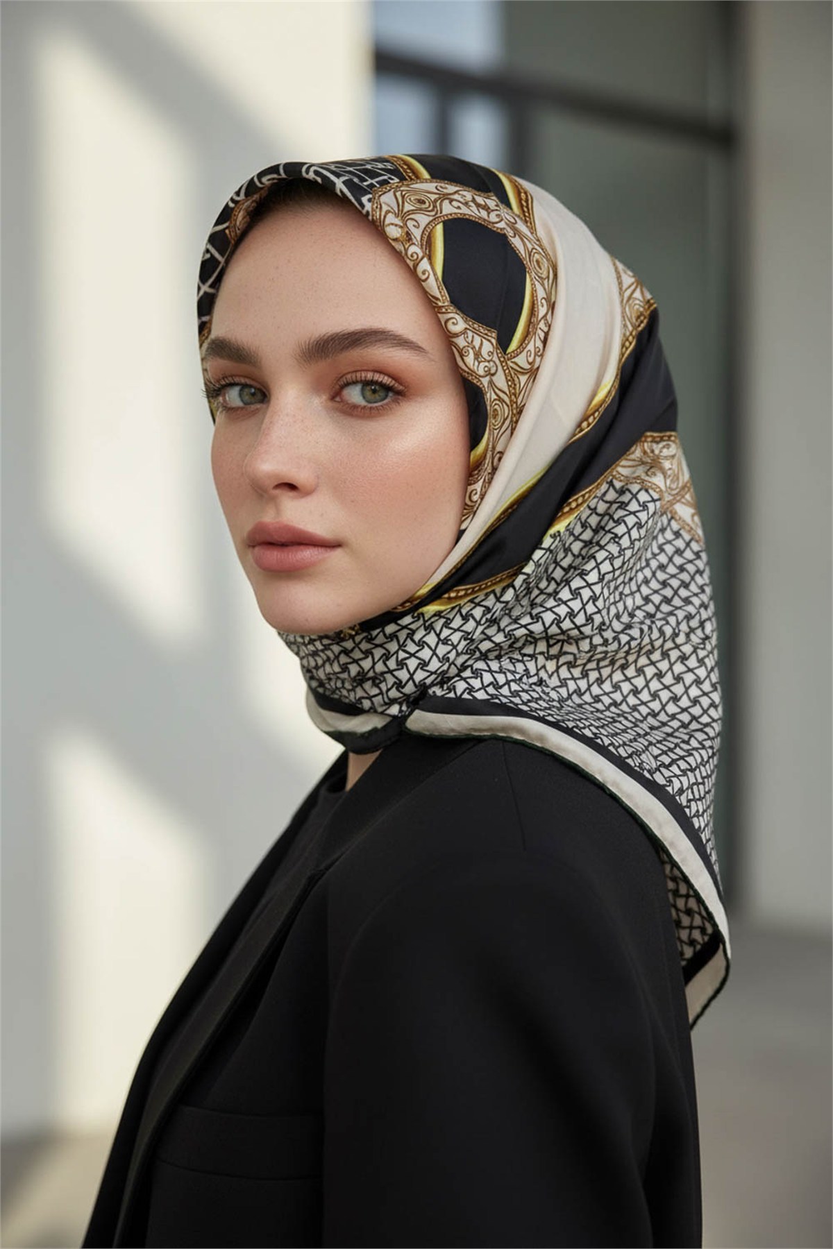 Kristal Çiçek Desenli Haki Renkli 90x90 Eşarp (İpek İçermez) Kenar Dikiş Şekli El Dikişli