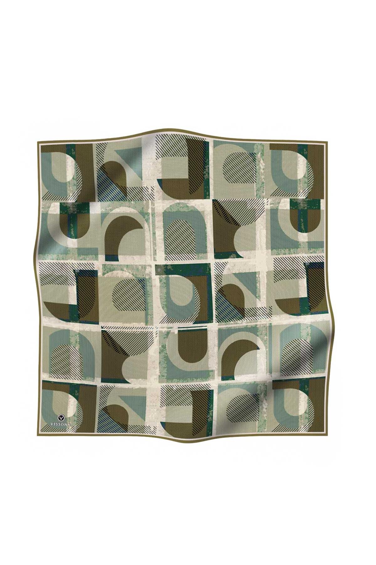 %100 Twill İpek Geometri Desenli Küf Yeşili - Krem Renkli 90x90 Eşarp Kenar Dikiş Şekli El Dikişli