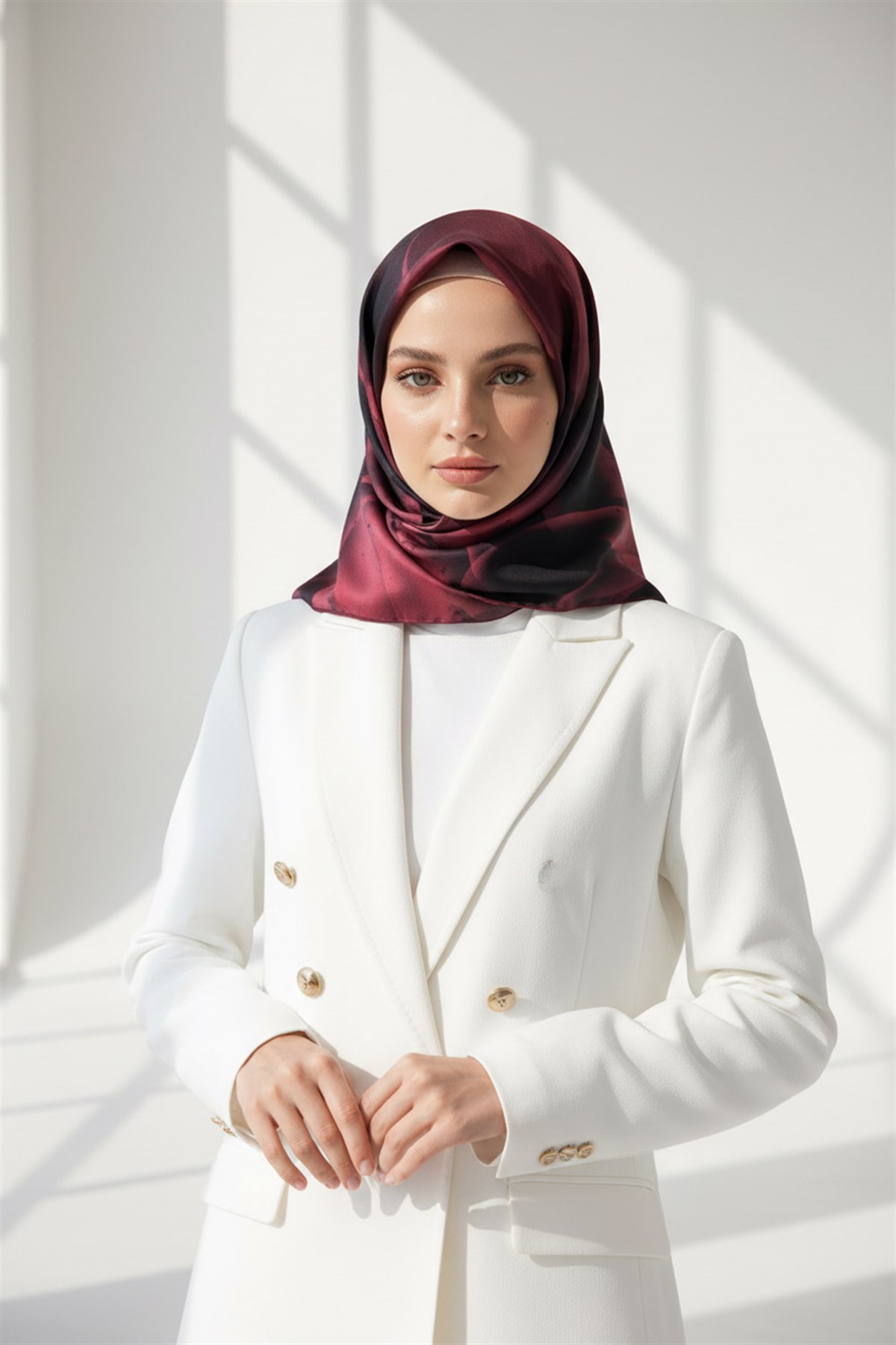 %100 Twill İpek Çiçek Desenli Gül Kurusu Renkli 90x90 Eşarp Dikim Şekli : El Dikişi