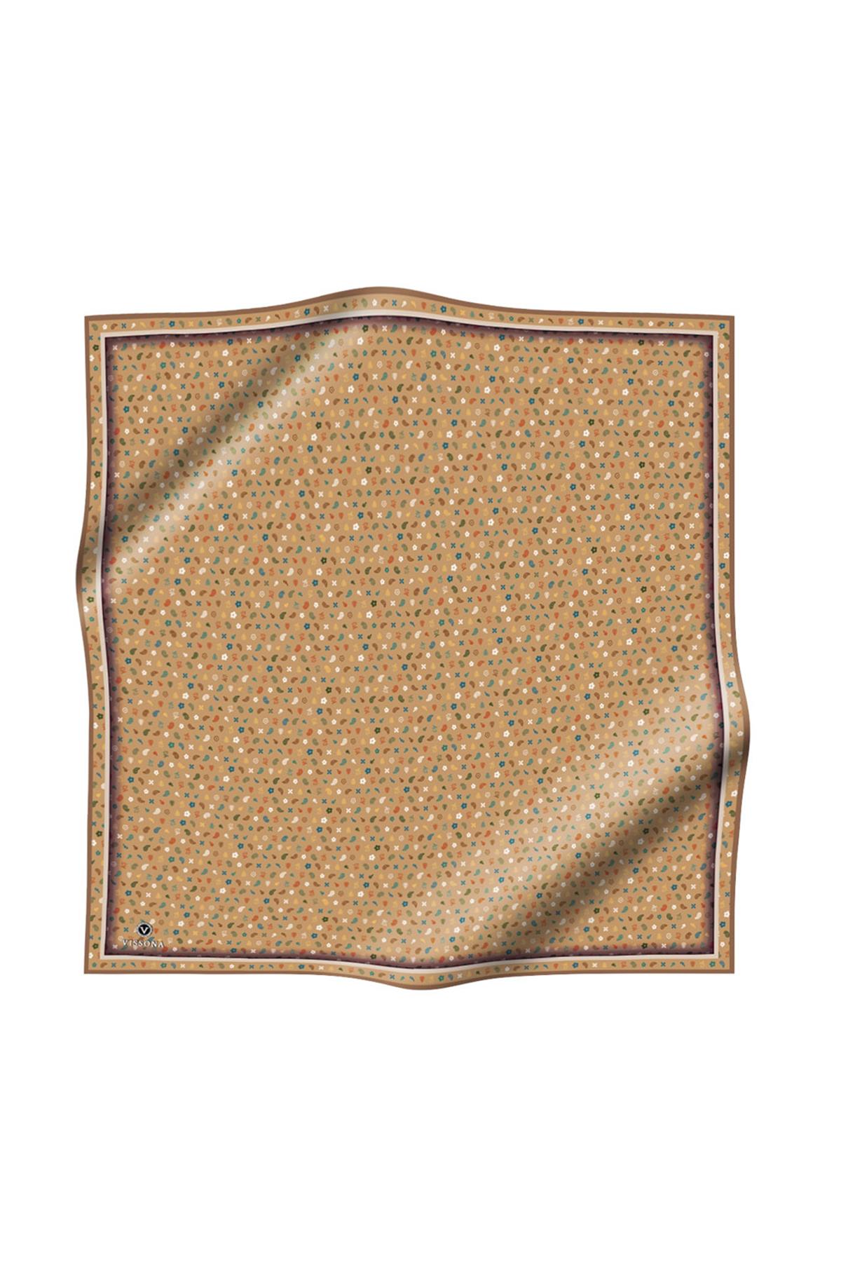 %100 Twill İpek Çıtır Desenli Bej Renkli 90x90 Eşarp Dikim Şekli : El Dikişi