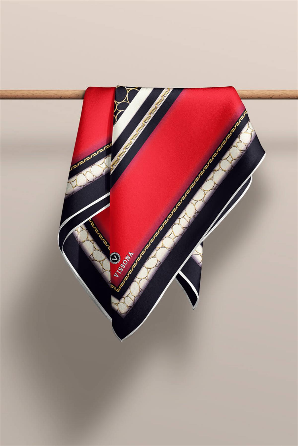 %100 Twill İpek Gold Halka Desenli Kırmızı - Siyah Renkli 90x90 Eşarp Dikim Şekli : El Dikişi