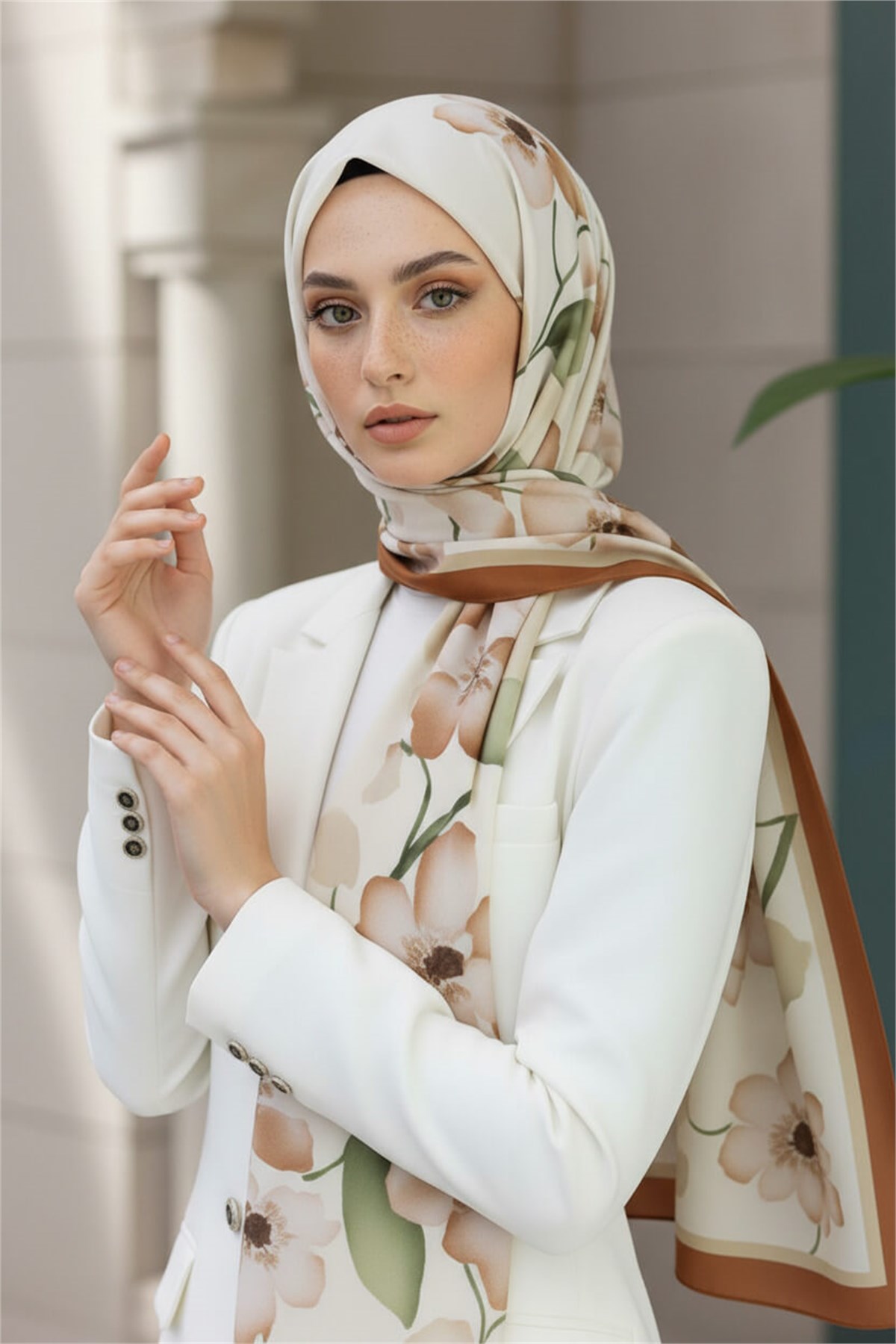KREP ÇİÇEK DESENLİ TABA RENKLİ 75X195 KIRIŞMAZ ŞAL