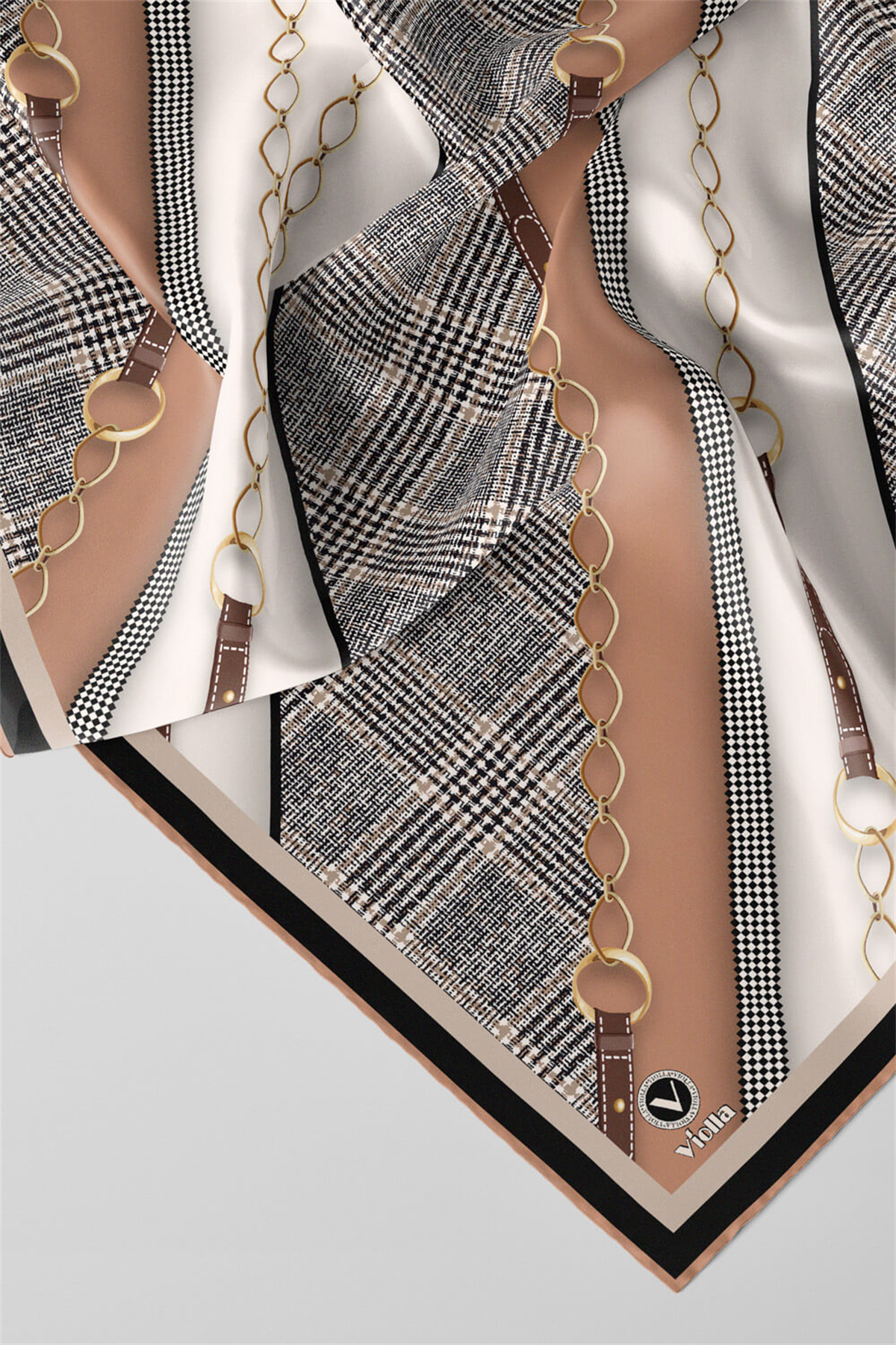 Twill Kemer Desenli Bakır Renkli 90x90 Eşarp (İpek İçermez) Kenar Dikiş Şekli El Dikişli