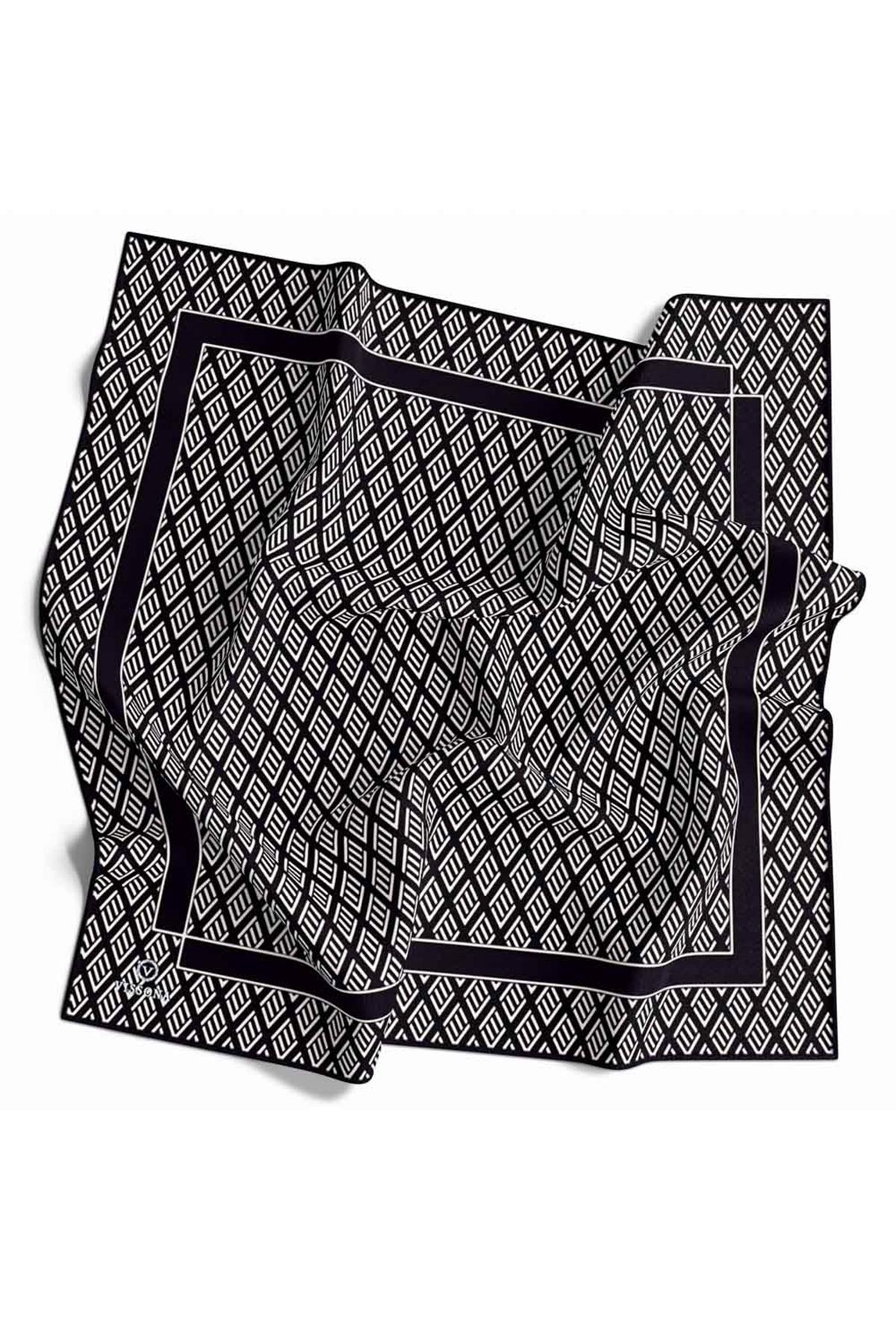 %100 Twill İpek Geometrik Desenli Siyah - Krem Renkli 90x90 Eşarp Dikim Şekli : El Dikişi
