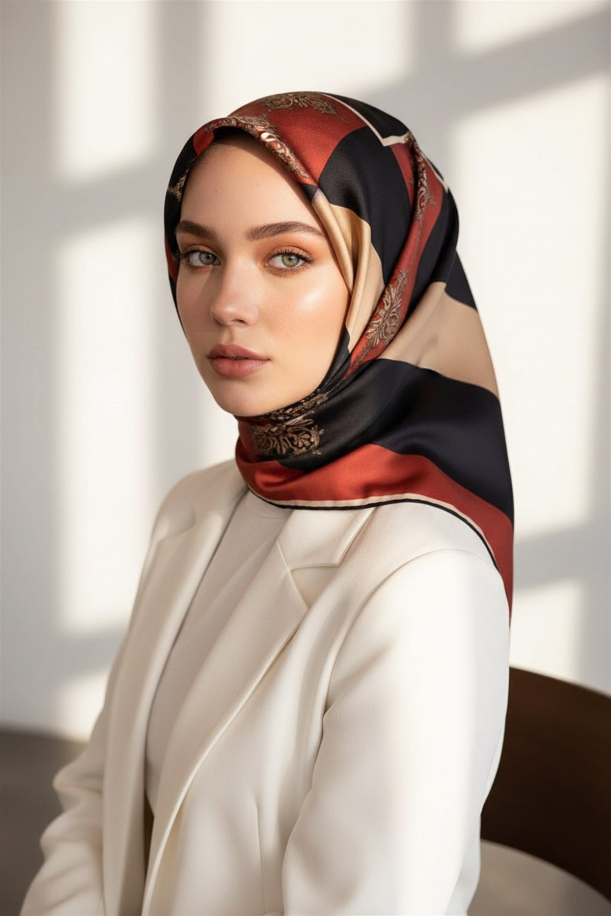 %100 Twill İpek Geometrik ve Barok Desenli Taba - Siyah Renkli 90x90 Eşarp Dikim Şekli : El Dikişi