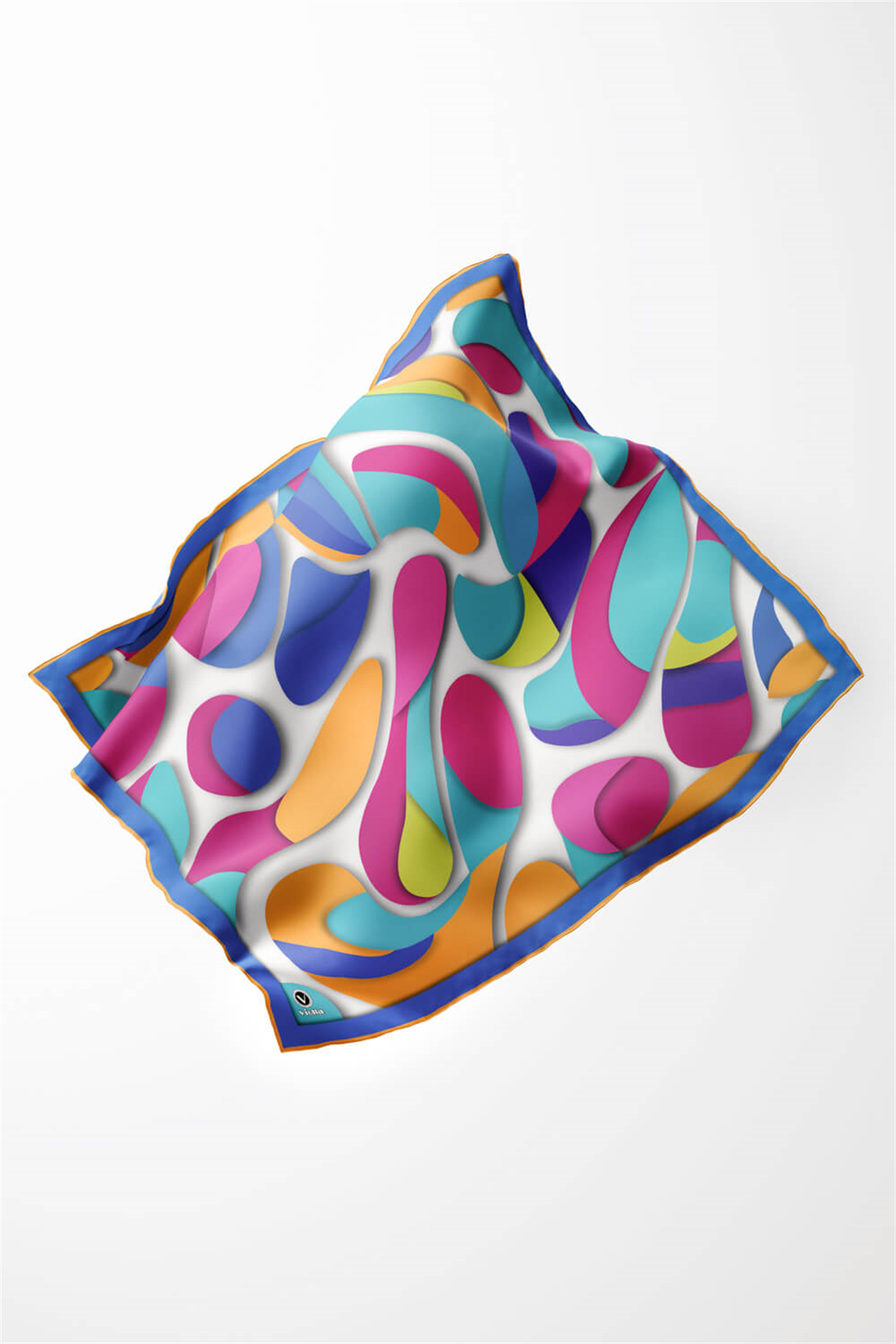 Twill Soyut Geometrik Desenli Buz Mavisi - Sarı Renkli 90x90 Eşarp (İpek İçermez) Dikim Şekli : El Dikişi