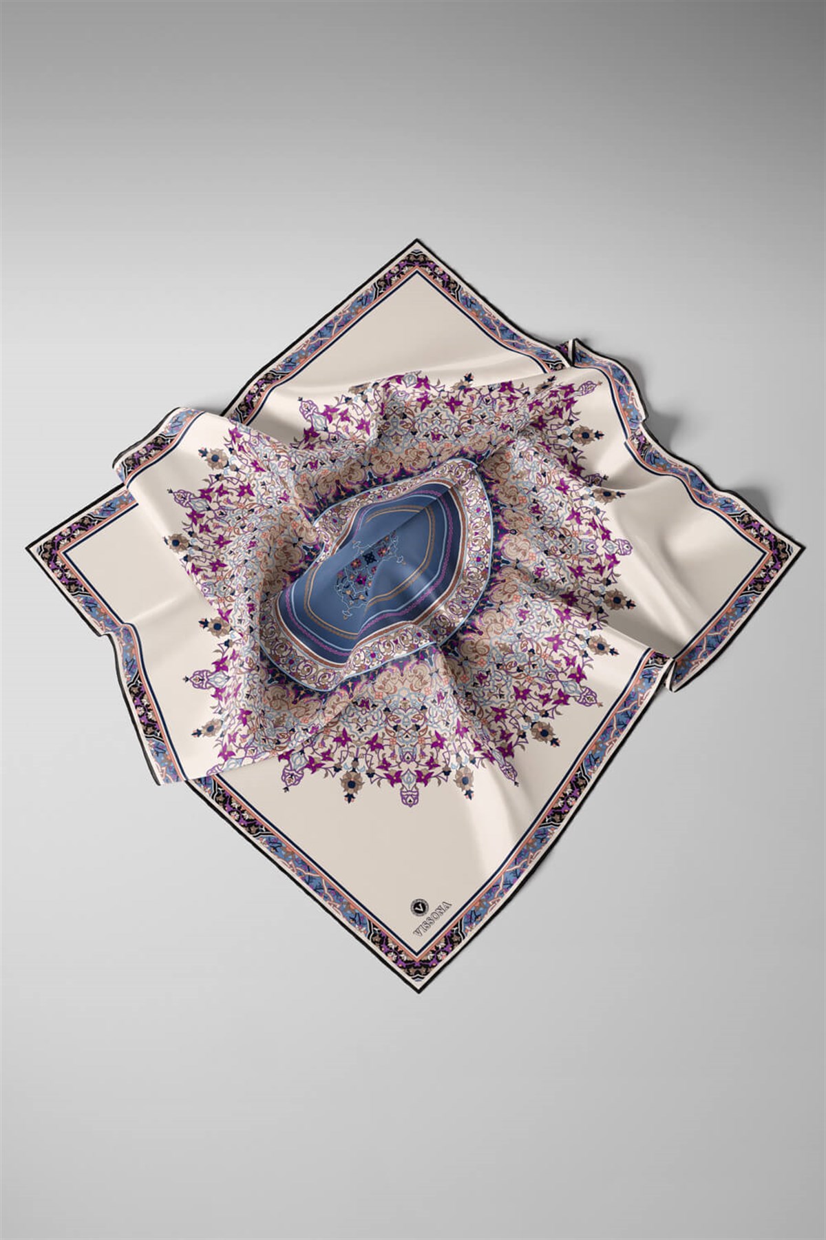 %100 Twill İpek Şal Desenli İndigo Renkli 90x90 Eşarp Dikim Şekli : El Dikişi