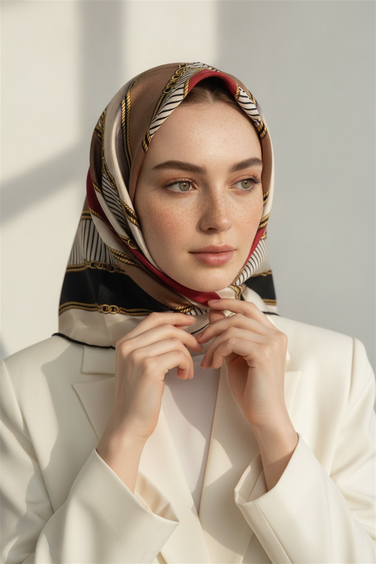 %100 Twill İpek Zincir Detaylı Geometrik Desenli Bordo - Bej Renkli 90x90 Eşarp Dikim Şekli : El Dikişi