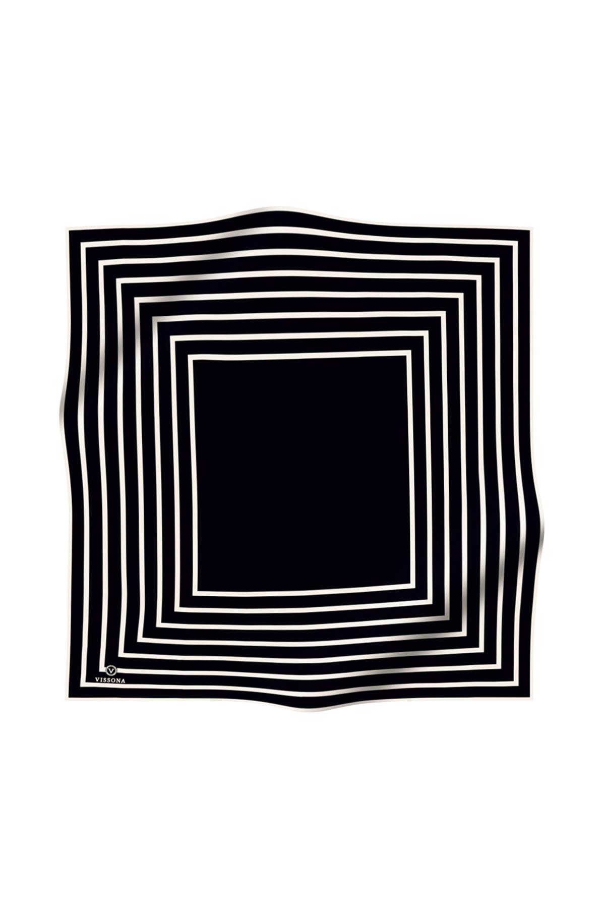 %100 Twill İpek Çizgili Desenli Siyah - Krem Renkli 90x90 Eşarp Dikim Şekli : El Dikişi