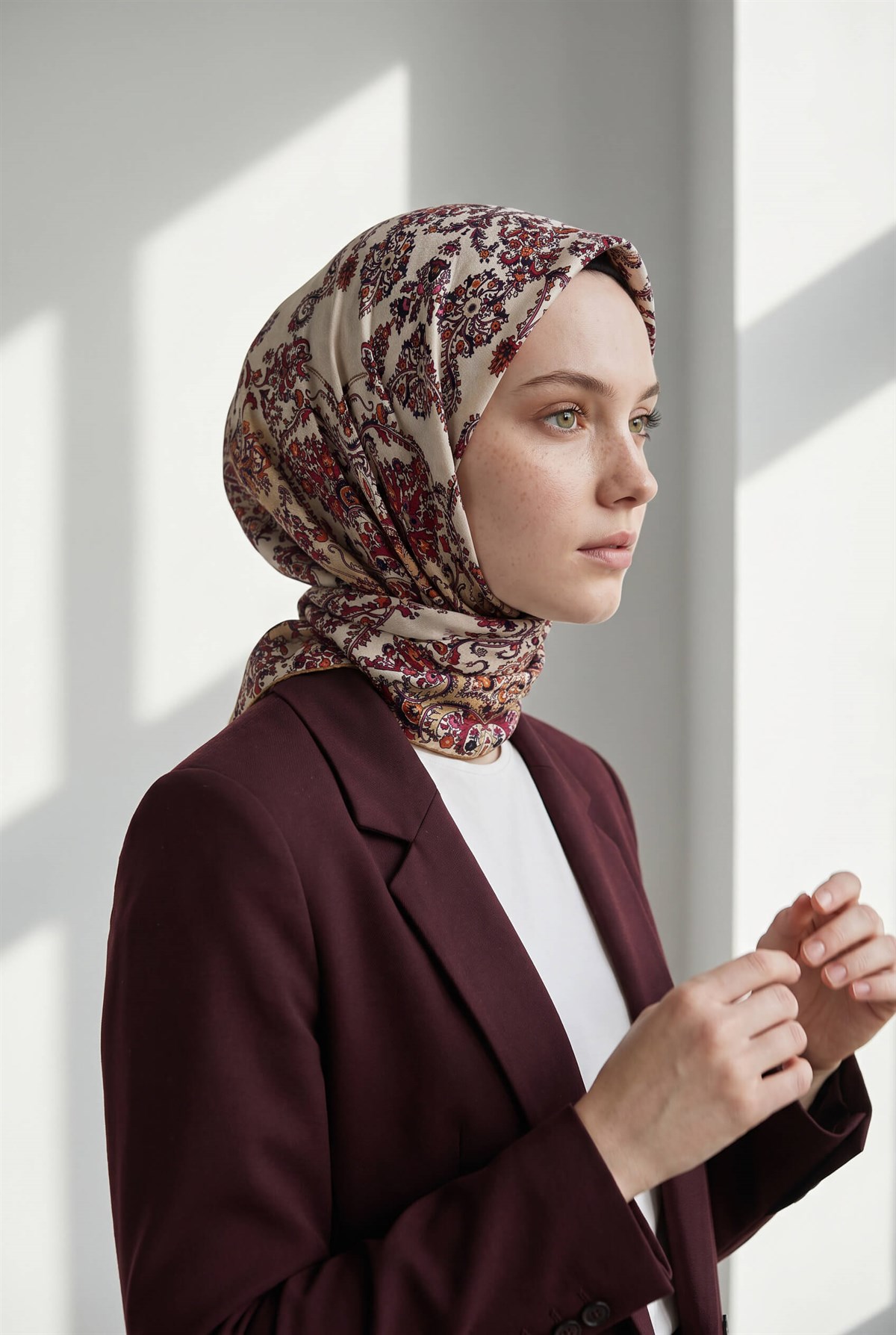 %100 Twill İpek Şal Desenli Krem Renkli 90x90 Eşarp Dikim Şekli : El Dikişi