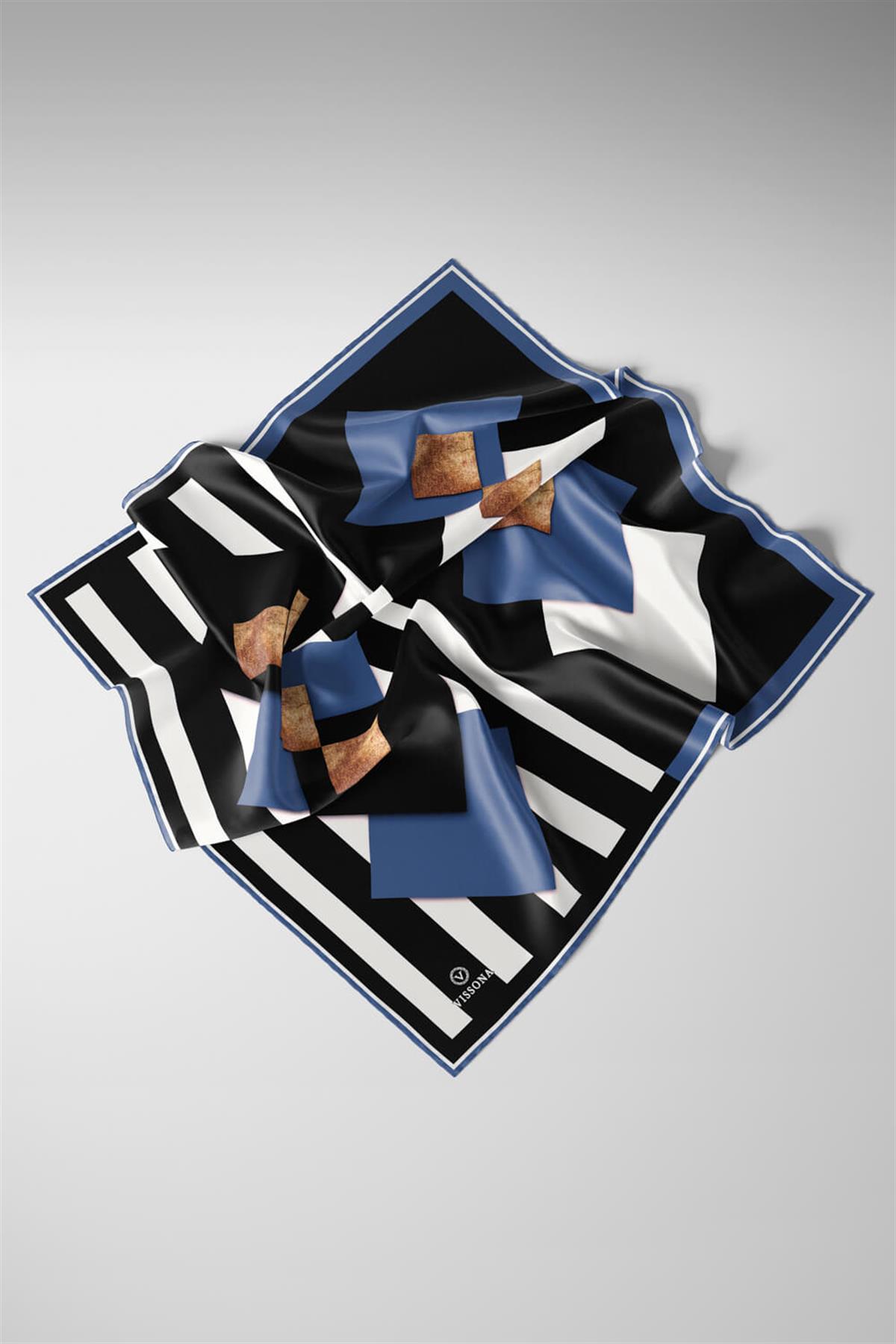 %100 Twill İpek Karo Desenli İndigo - Siyah Renkli 90x90 Eşarp Dikim Şekli : El Dikişi