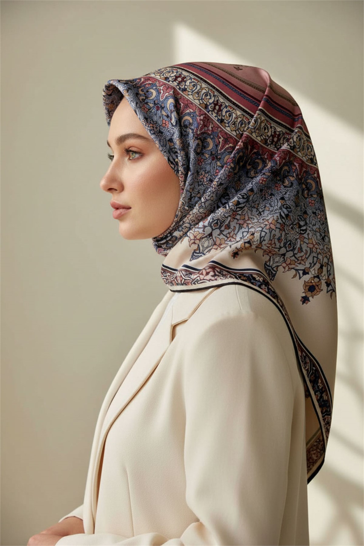 %100 Twill İpek Şal Desenli Pudra Renkli 90x90 Eşarp Dikim Şekli : El Dikişi