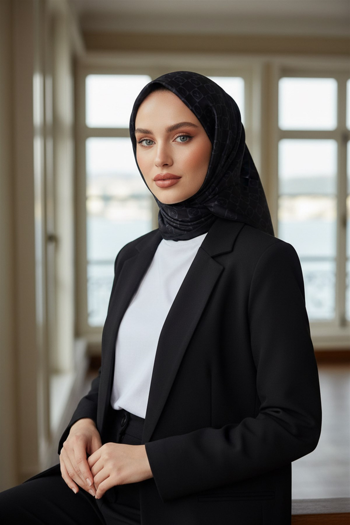 %100 Twill İpek Monogram Desenli Siyah Renkli 90x90 Eşarp Dikim Şekli : El Dikişi
