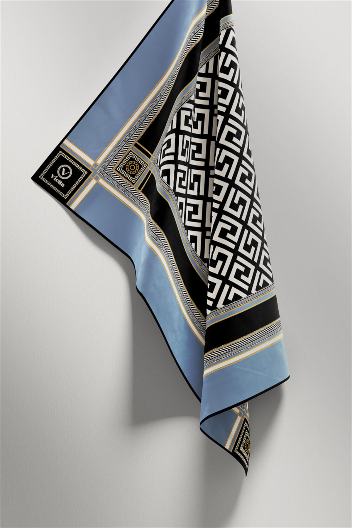 Twill Antik Desenli Bebe Mavisi Renkli 90x90 Eşarp (İpek İçermez) Kenar Dikiş Şekli El Dikişli