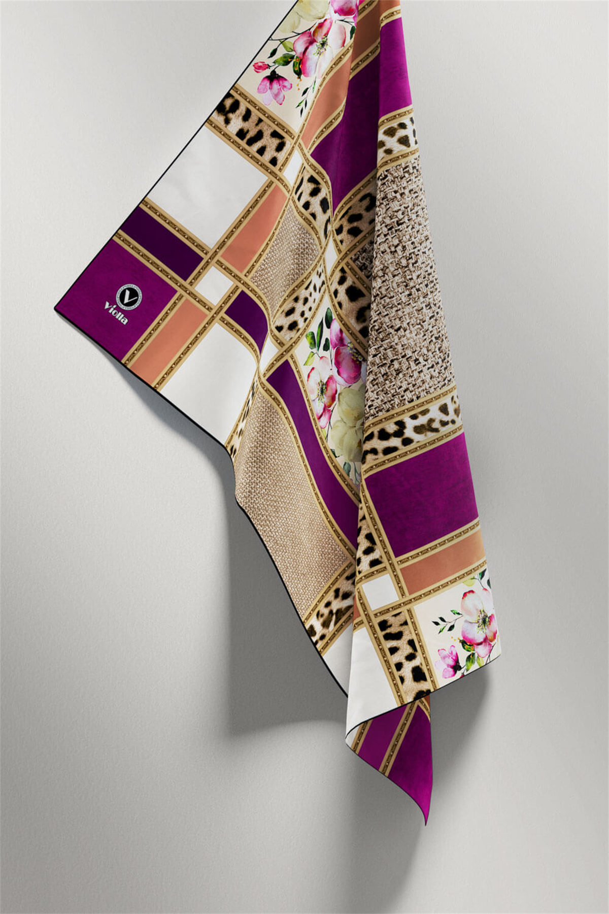 Twill Leopar ve Çiçek Desenli Mürdüm - Bej  Renkli 90x90 Eşarp (İpek İçermez) Dikim Şekli : El Dikişi