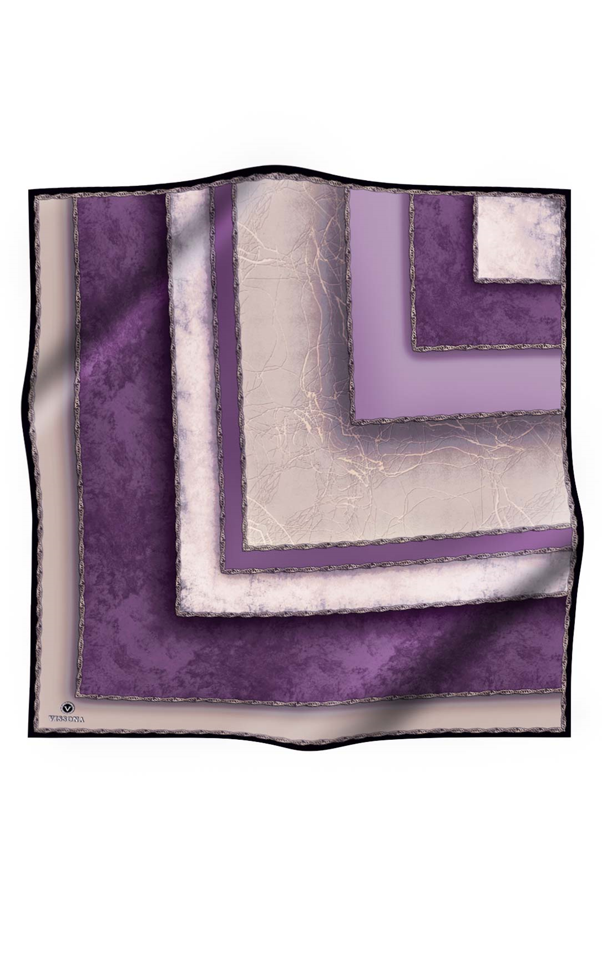 % 57 İPEK % 43 VİSKON Twill İpek Dokulu Geometrik Desenli Lila - Bej Renkli 90x90 Eşarp Dikim Şekli : El Dikişi