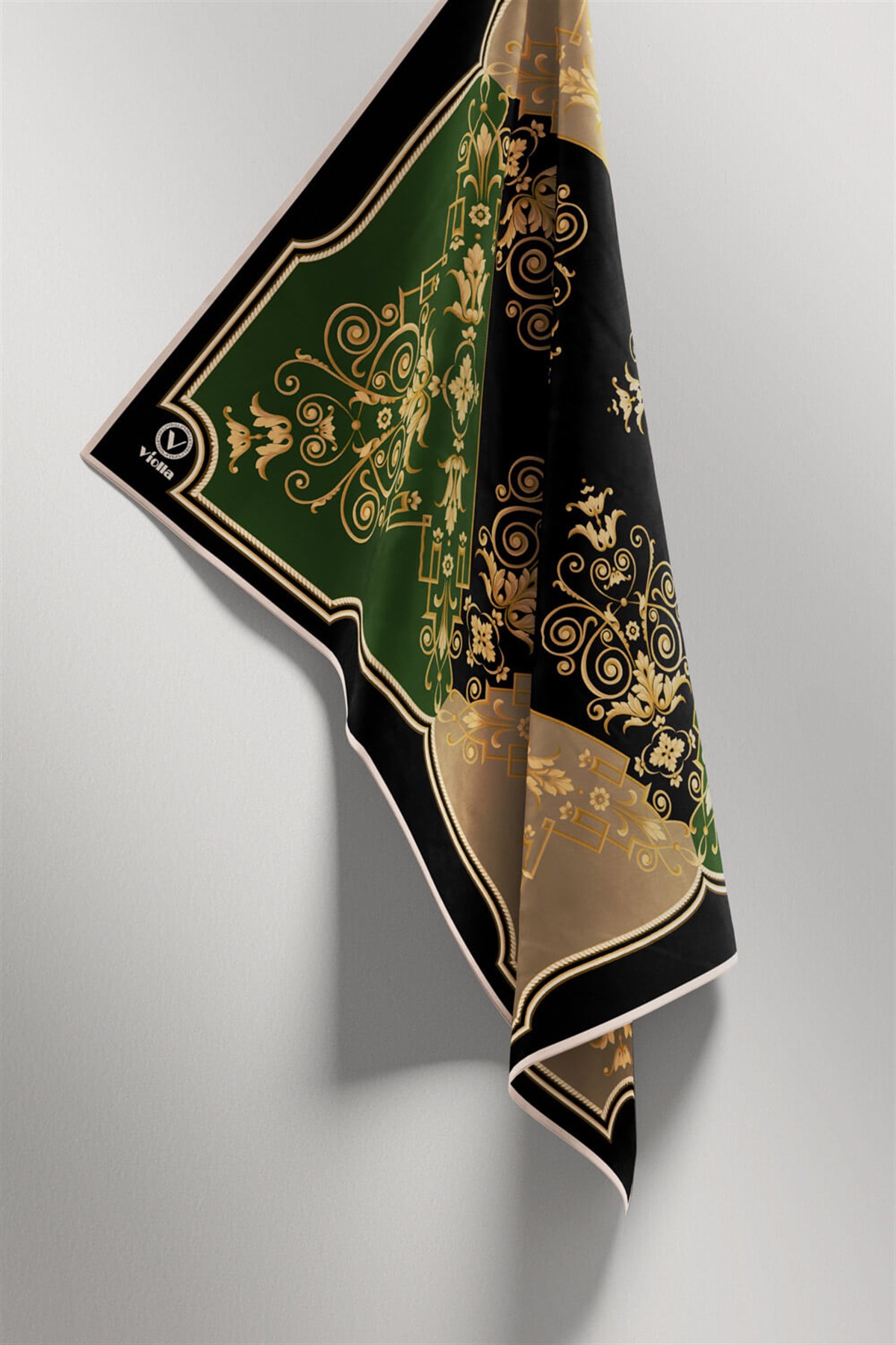 Twill Gold Desenli Zümrüt Yeşili Renkli 90x90 Eşarp (İpek İçermez) Kenar Dikiş Şekli El Dikişli