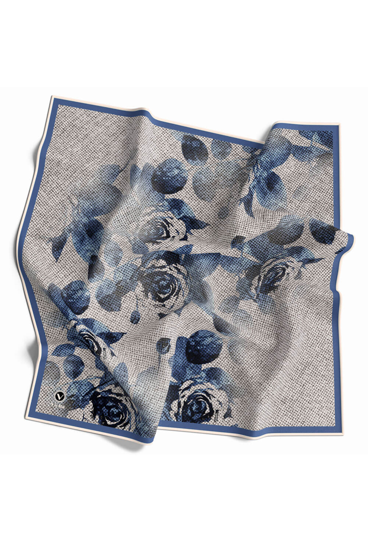 Twill Gül Desenli Bebe Mavisi Renkli 90x90 Eşarp (İpek İçermez) Kenar Dikiş Şekli El Dikişli