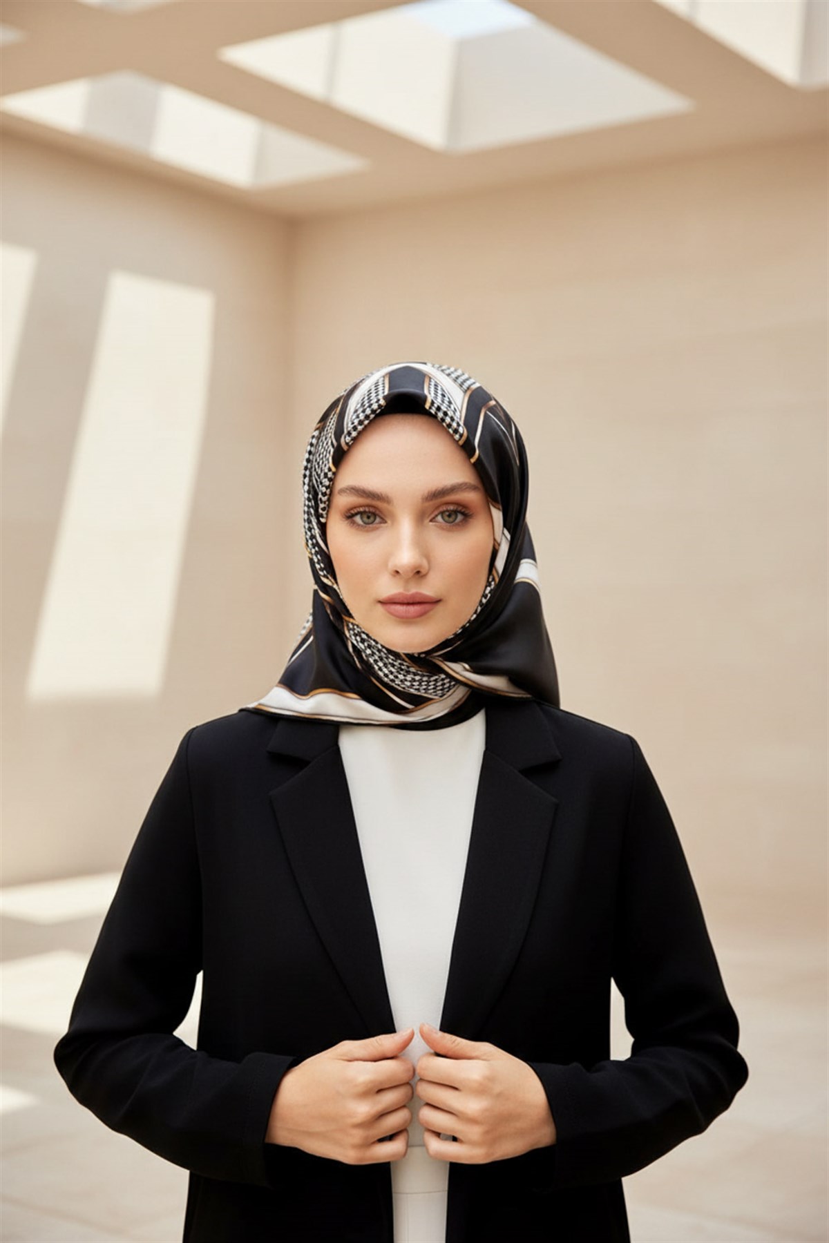 %100 Twill İpek Kareli Kazayaklı Desenli Siyah - Krem Renkli 90x90 Eşarp Kenar Dikiş Şekli El Dikişli