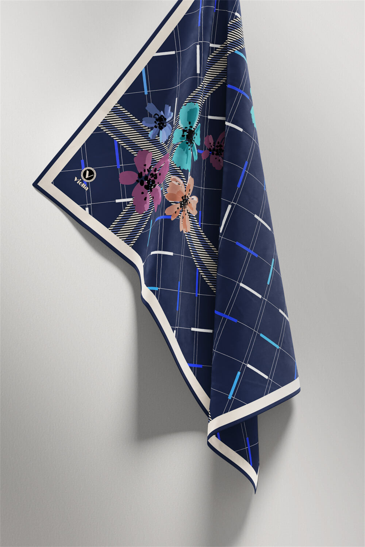 Twill Papatya Desenli İndigo Renkli 90x90 Eşarp (İpek İçermez) Kenar Dikiş Şekli El Dikişli