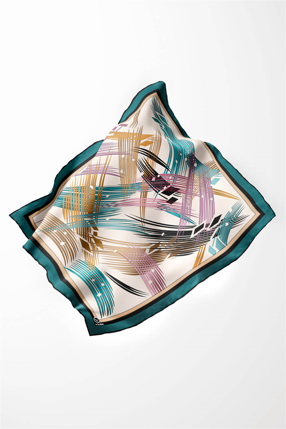 Twill Geometrik Desenli Petrol Yeşili Renkli 90x90 Eşarp (İpek İçermez) Kenar Dikiş Şekli El Dikişli