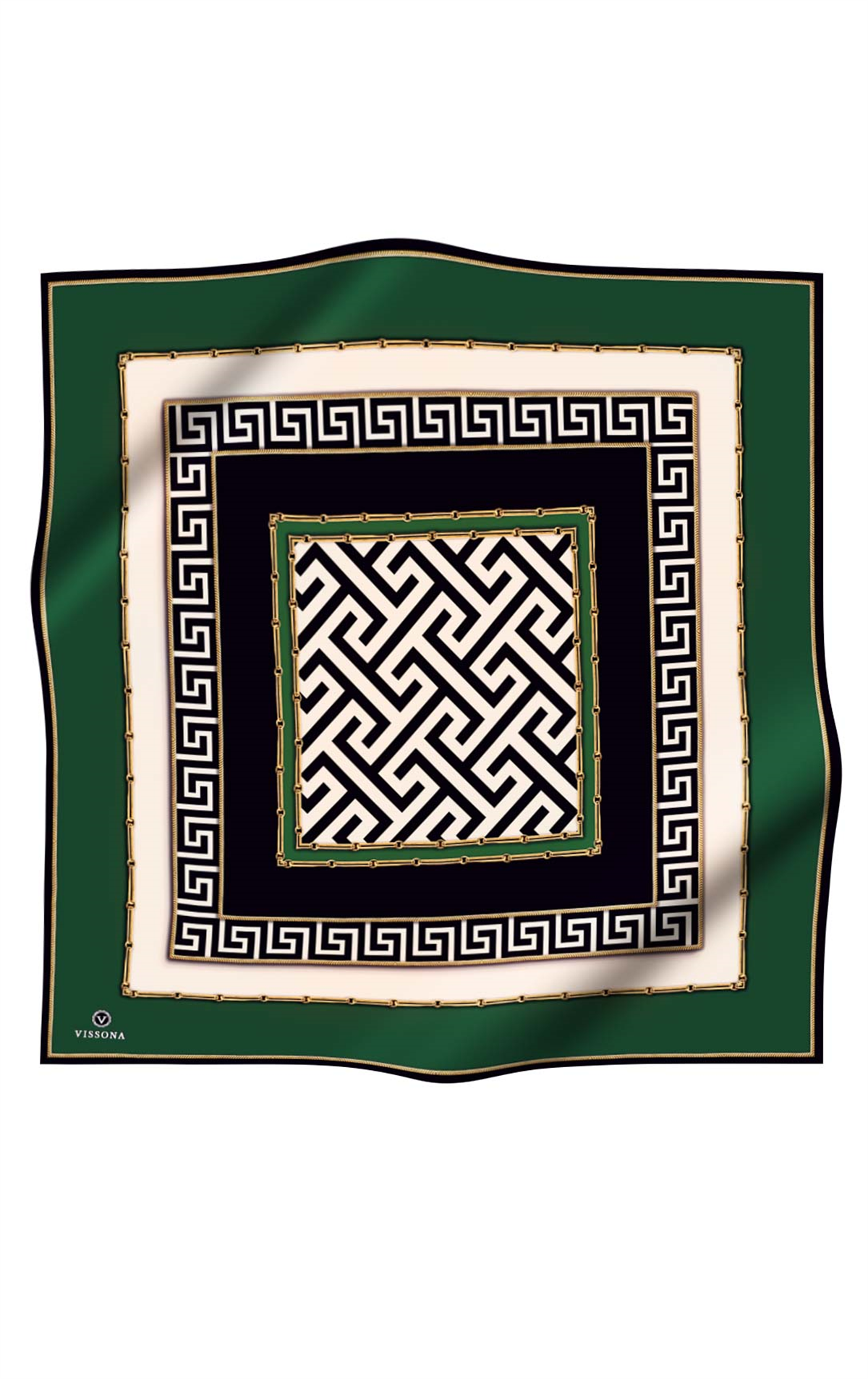 %100 Twill İpek Labirent Ve Geometrik Desenli Zümrüt Yeşili - Siyah Renkli 90x90 Eşarp Dikim Şekli : El Dikişi