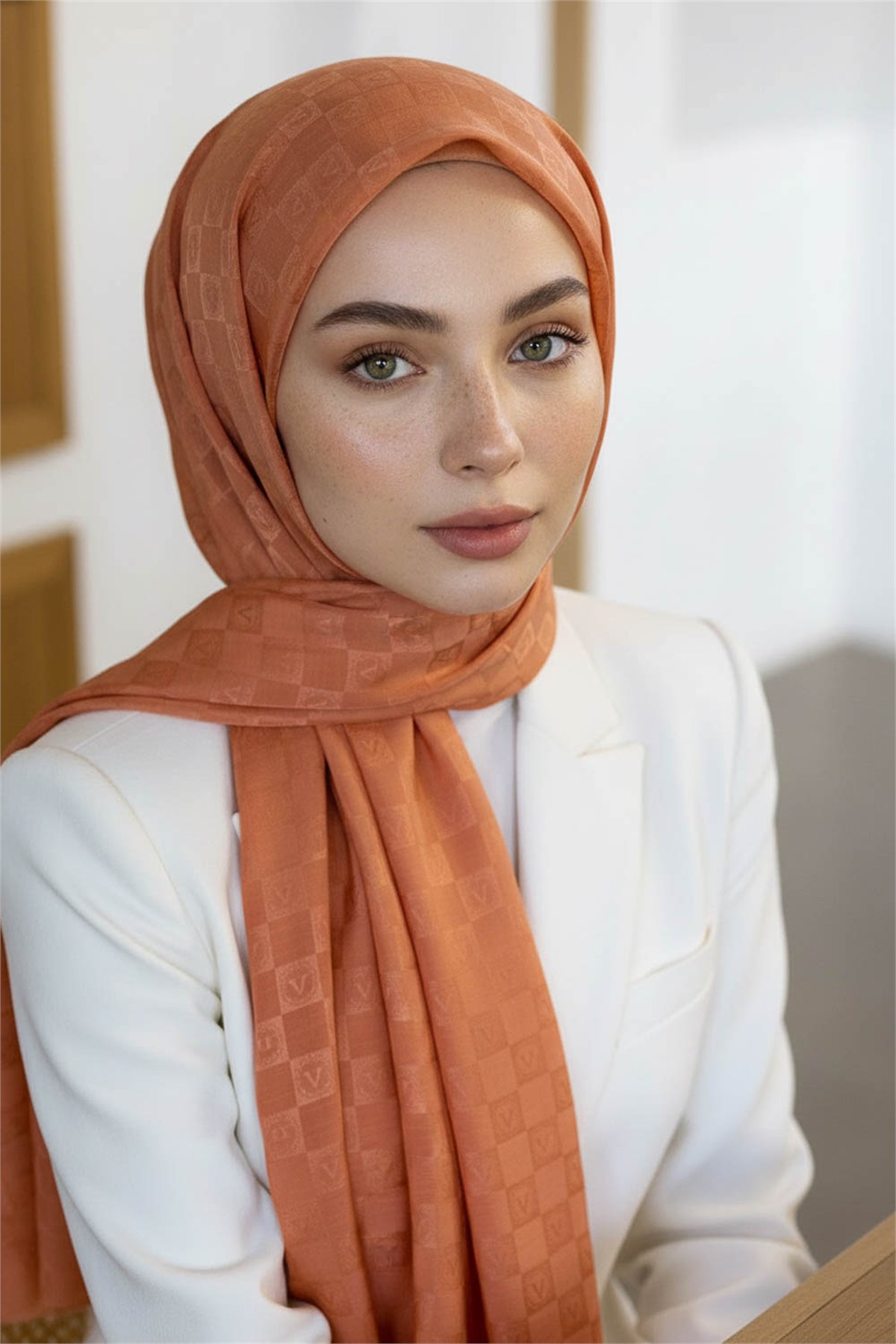 Vissona %57 İPEK %43 PAMUK Monogram Desenli Turuncu Renkli Şal -  70x190 Dikiş Tipi İtalyan Dikişli
