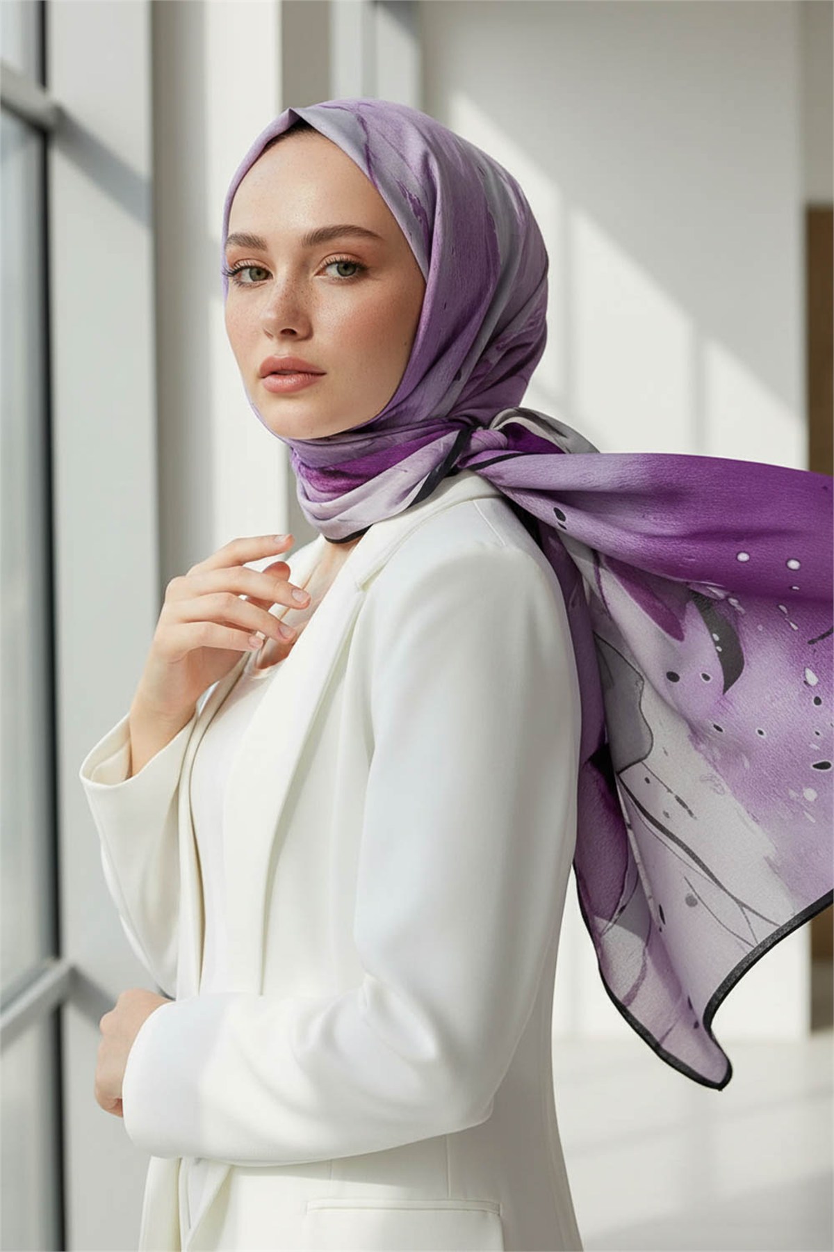 KREP BATİK DESENLİ GRİ - LİLA RENKLİ 75X195 KIRIŞMAZ ŞAL