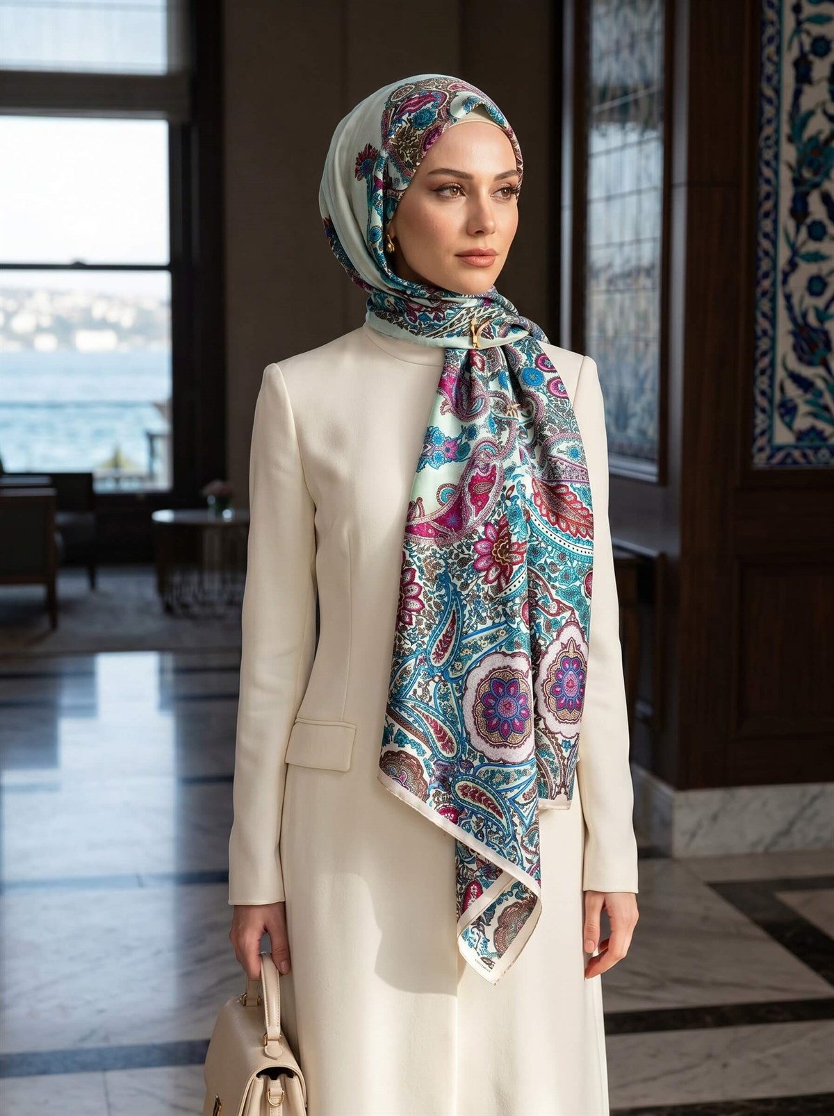 100% İpek Etro Desenli Krem - Mürdüm Renkli 92x210 Şal