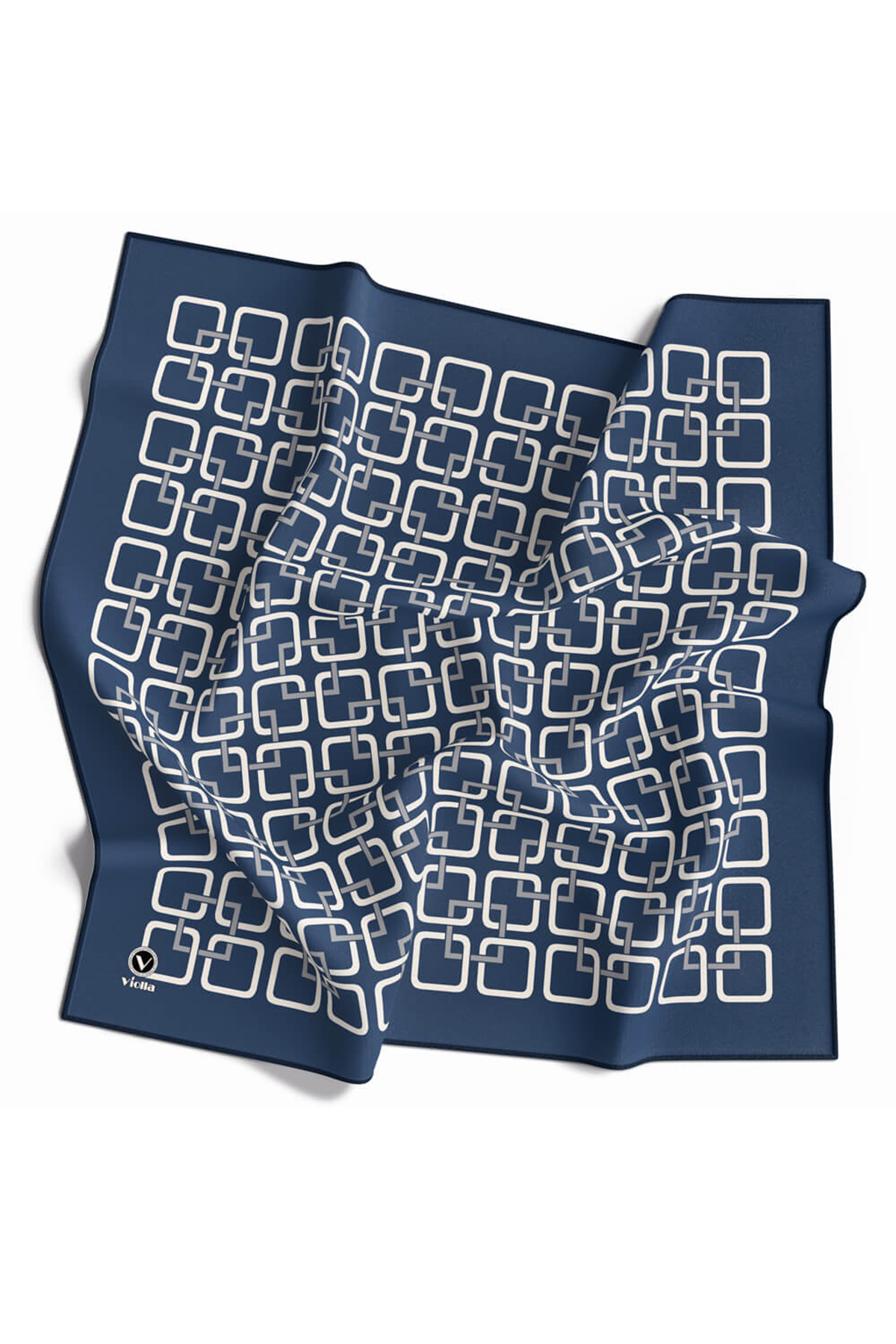 Twill Geometrik Desenli İndigo Renkli 90x90 Eşarp (İpek İçermez) Kenar Dikiş Şekli El Dikişli
