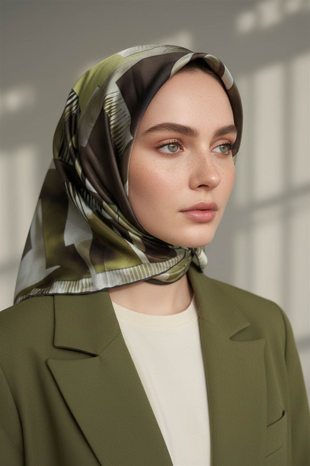 %100 Twill İpek Geometrik Desenli Yağ Yeşili - Sütlü Kahve Renkli 90x90 Eşarp Dikim Şekli : El Dikişi