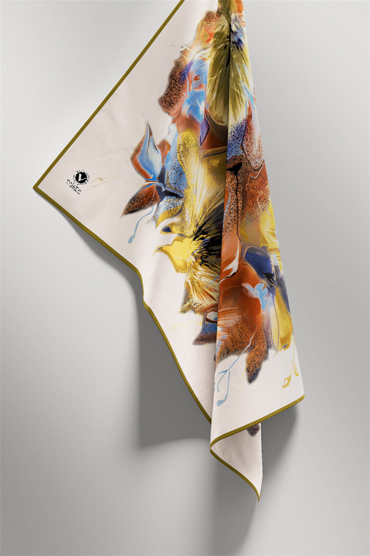 Twill Çiçek Desenli Haki - Turuncu Renkli 90x90 Eşarp (İpek İçermez) Kenar Dikiş Şekli El Dikişli